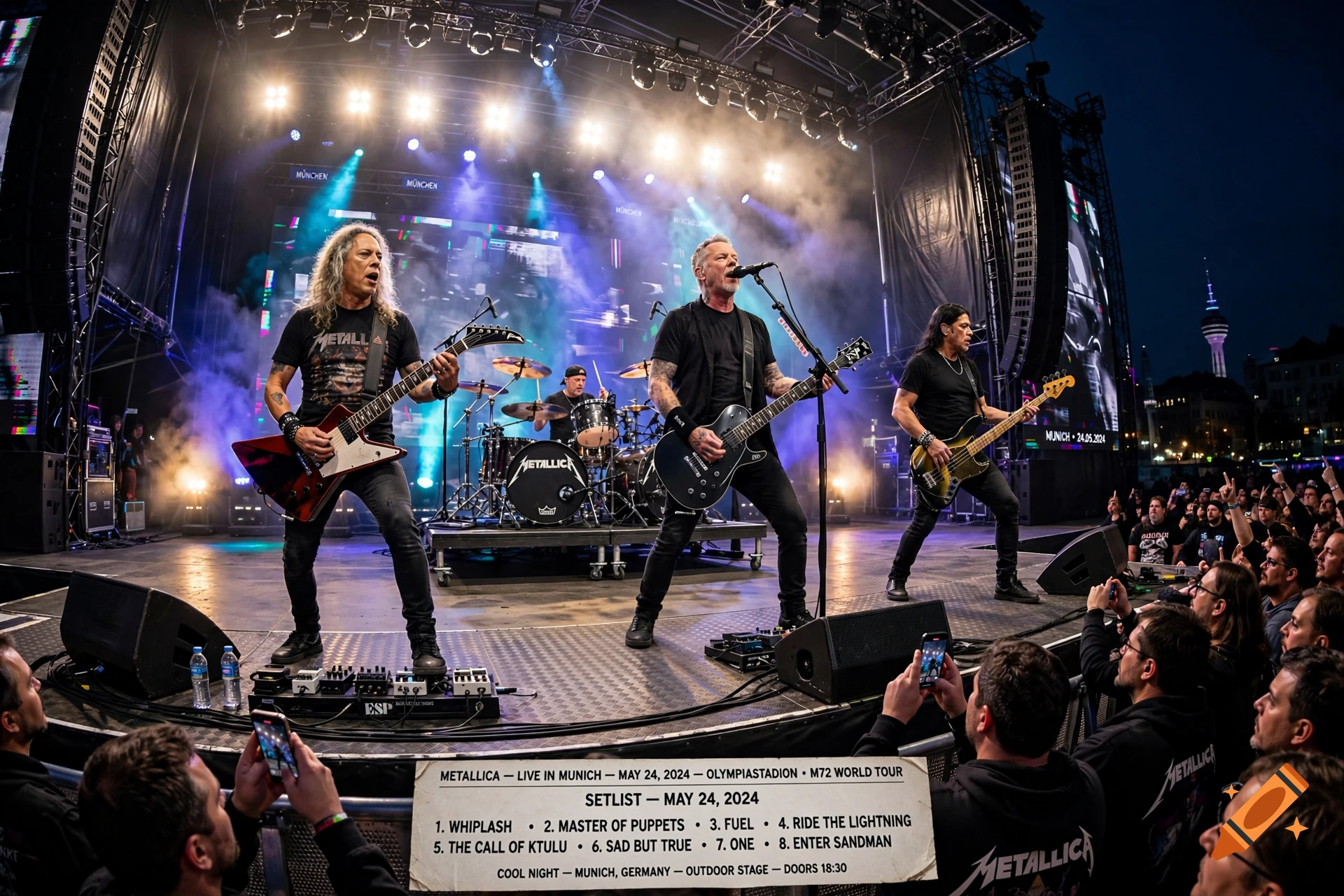 Metallica performing live on stage with lights, smoke, and a setlist sign in the foreground.