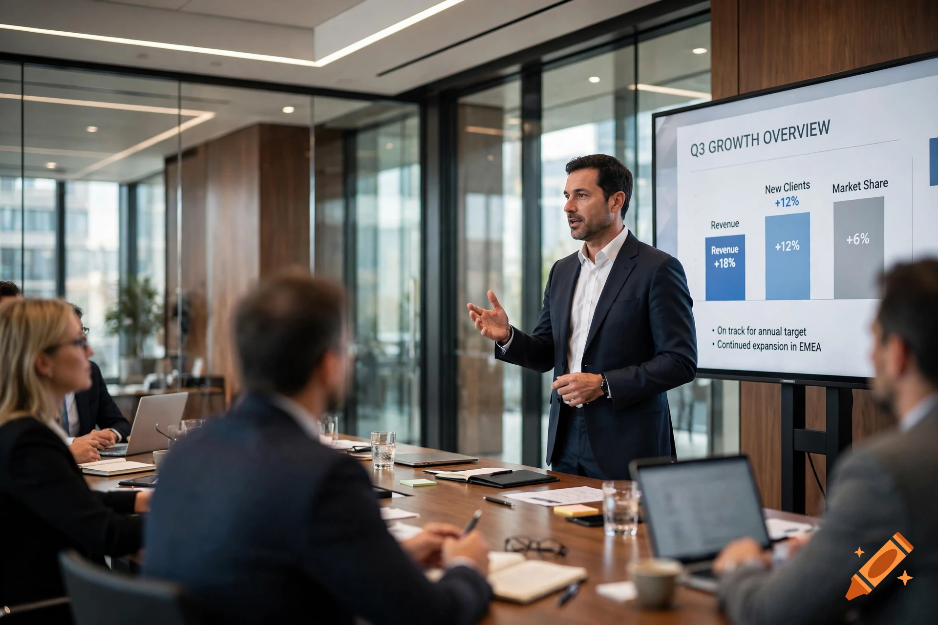Photorealistic image of a male CEO giving a presentation to a team in a modern boardroom.