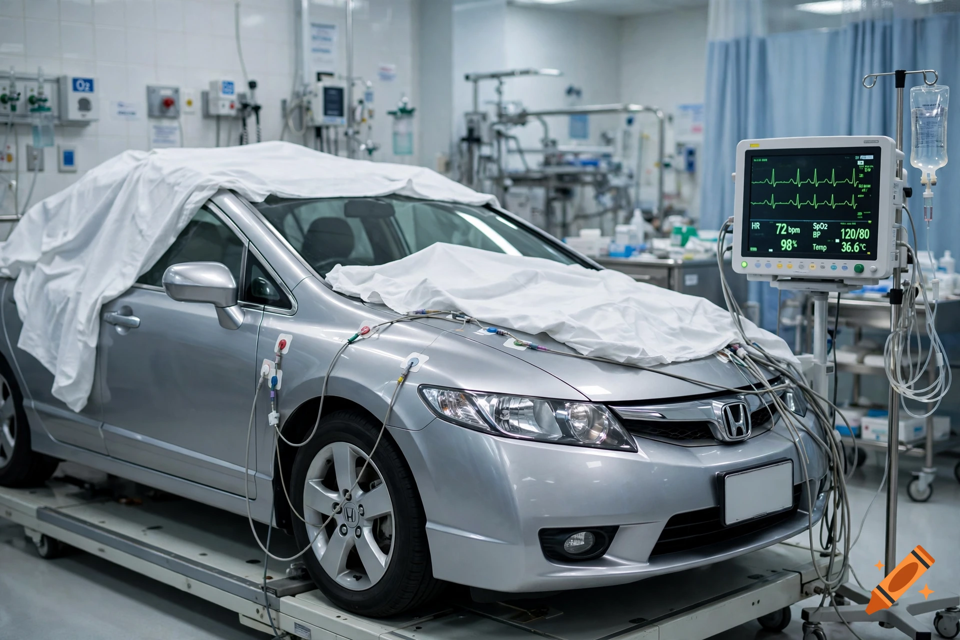 Photorealistic image of a silver Honda Civic bedridden in a hospital room, hooked up to heart rate monitors and IV drips.