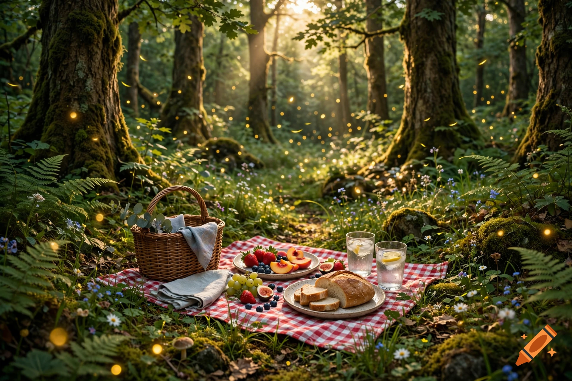 Photorealistic picnic setup in a whimsical forest with glowing fireflies, a basket, food, and drinks on a red checkered blanket.
