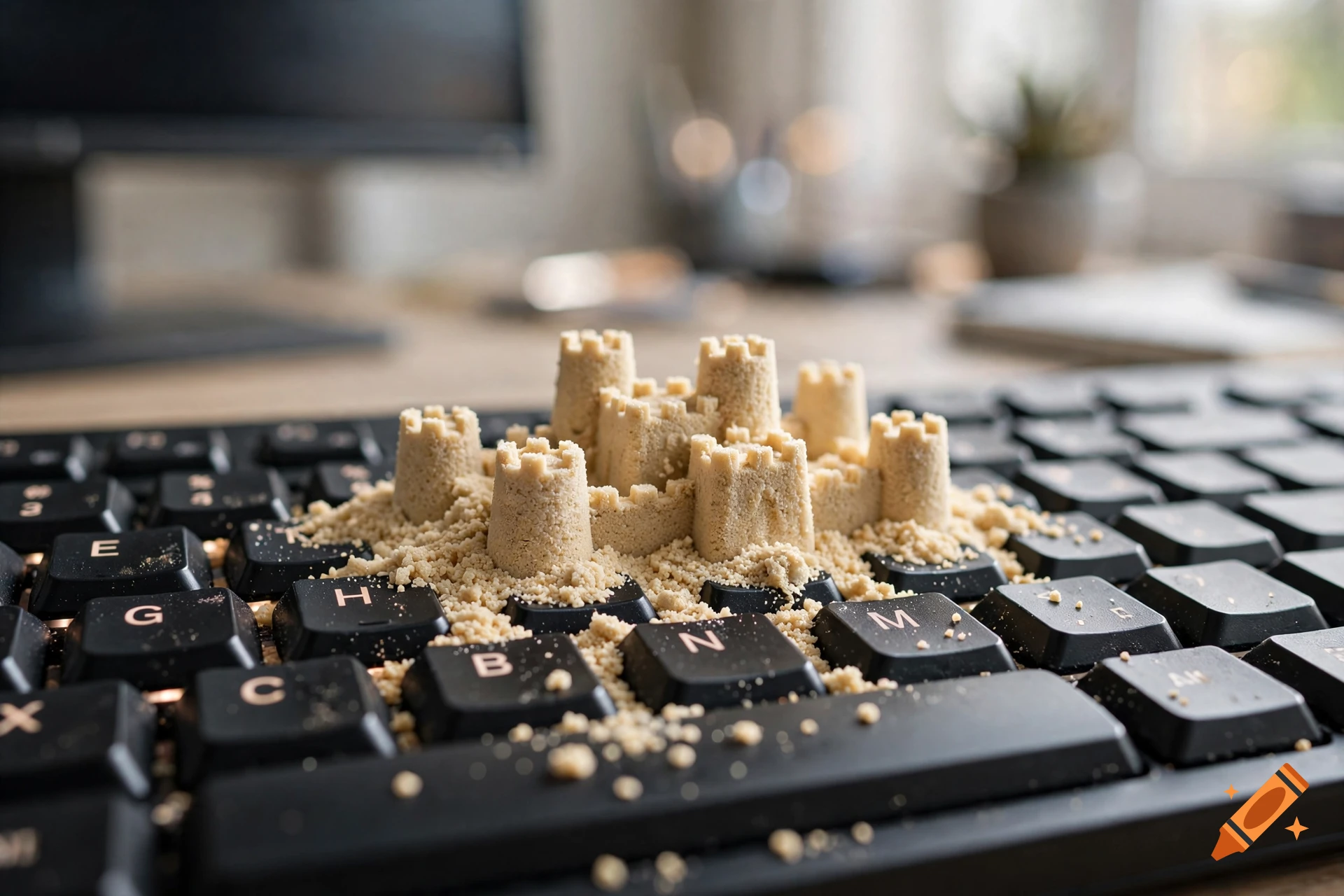 A miniature sandcastle built on top of a black computer keyboard in a brightly lit room.