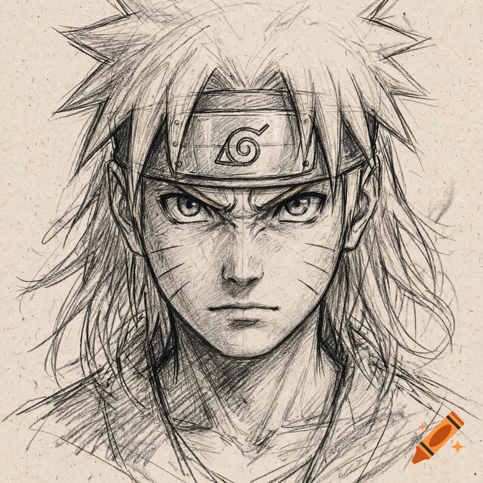 Close-up sketch portrait of Naruto with shoulder-length hair and a headband with the leaf village symbol.