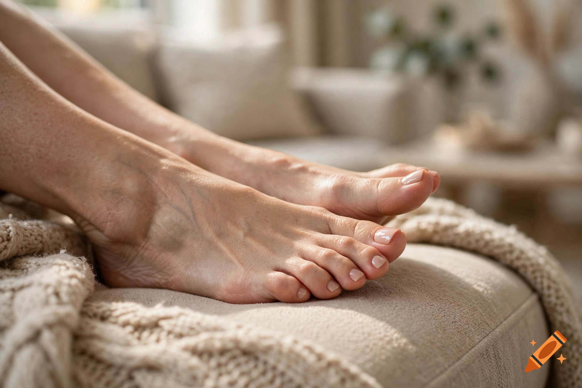 Close-up of a woman's feet resting on a cozy sofa, photorealistic.