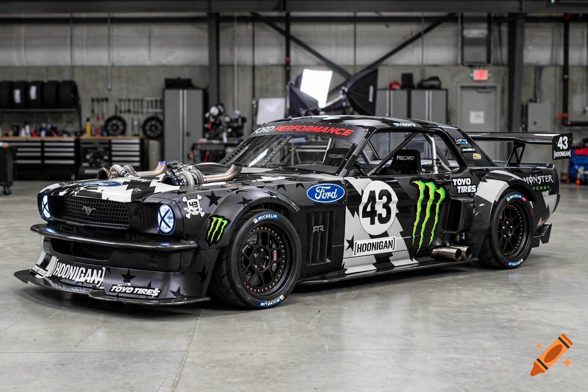 Photorealistic image of Ken Block's Hoonicorn Ford Mustang in a workshop, featuring custom decals and twin turbos.