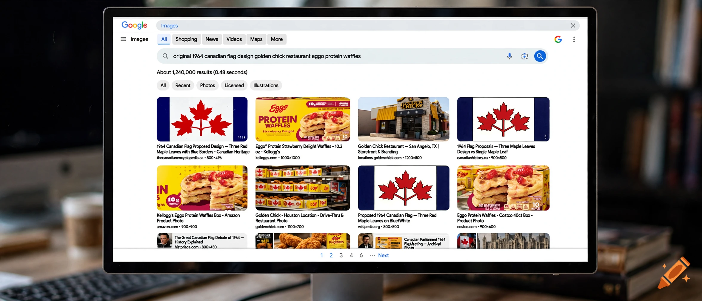 Computer monitor displaying a Google Images search results page for the 1964 Canadian flag and eggo waffles.