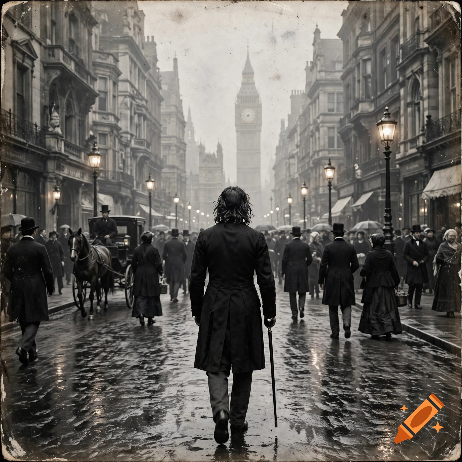 Victorian London street scene in black and white, featuring a man with a cane walking away amidst a crowd and horse-drawn carriages.