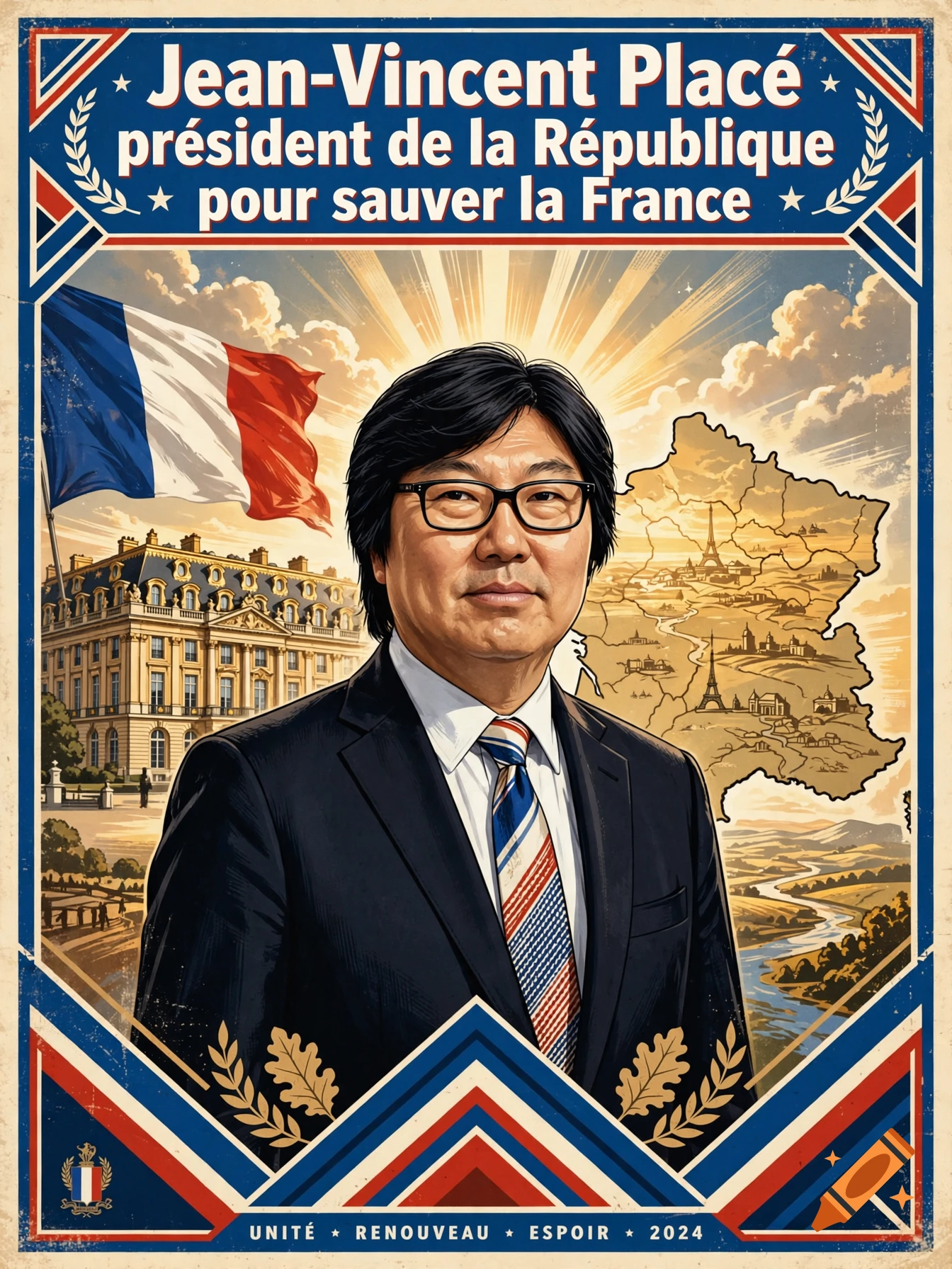 Vintage style political campaign poster featuring Jean-Vincent Place, a French flag, and the Palais-Royal.