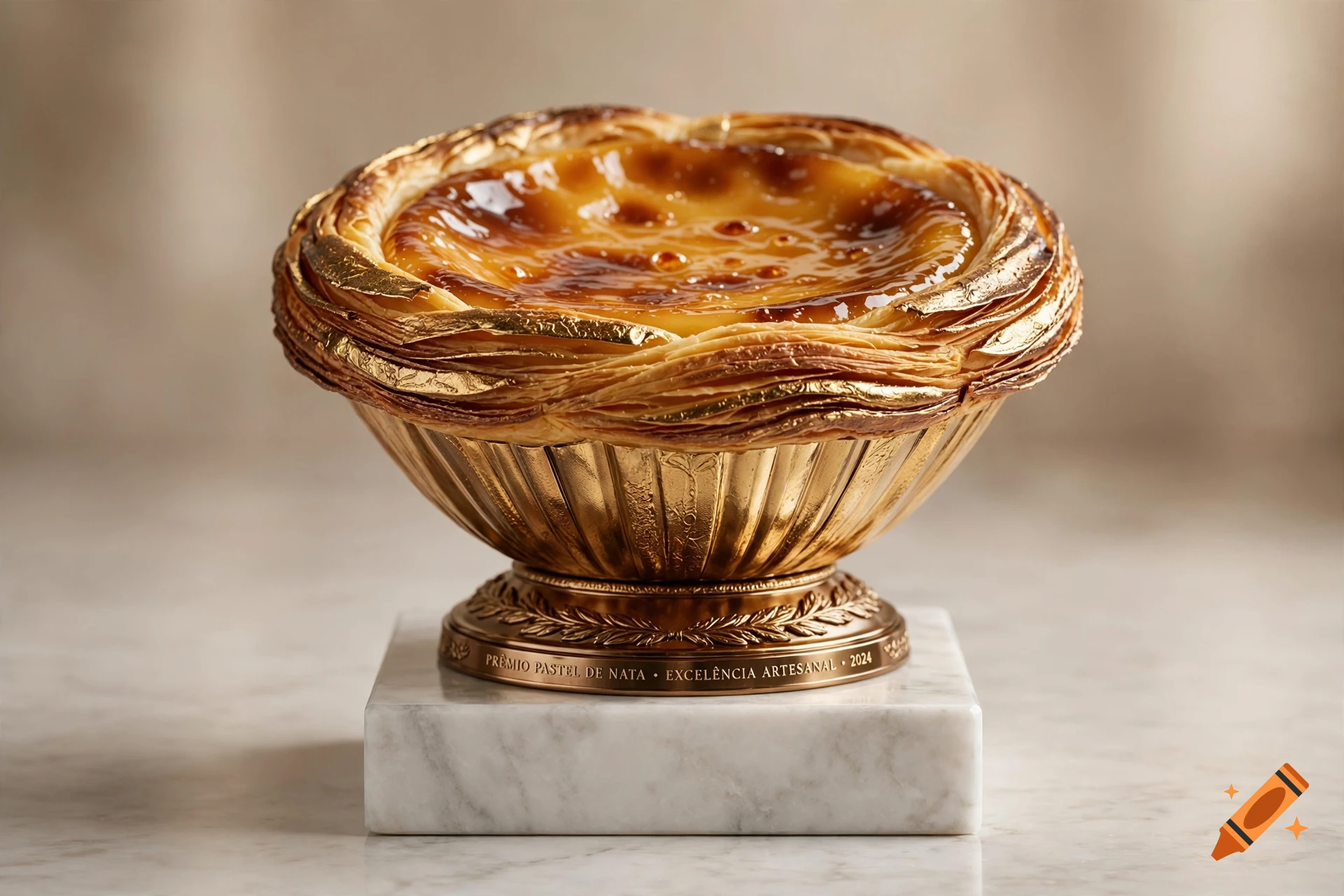 Photorealistic image of a golden trophy shaped like a pastel de nata pastry, resting on a marble base.