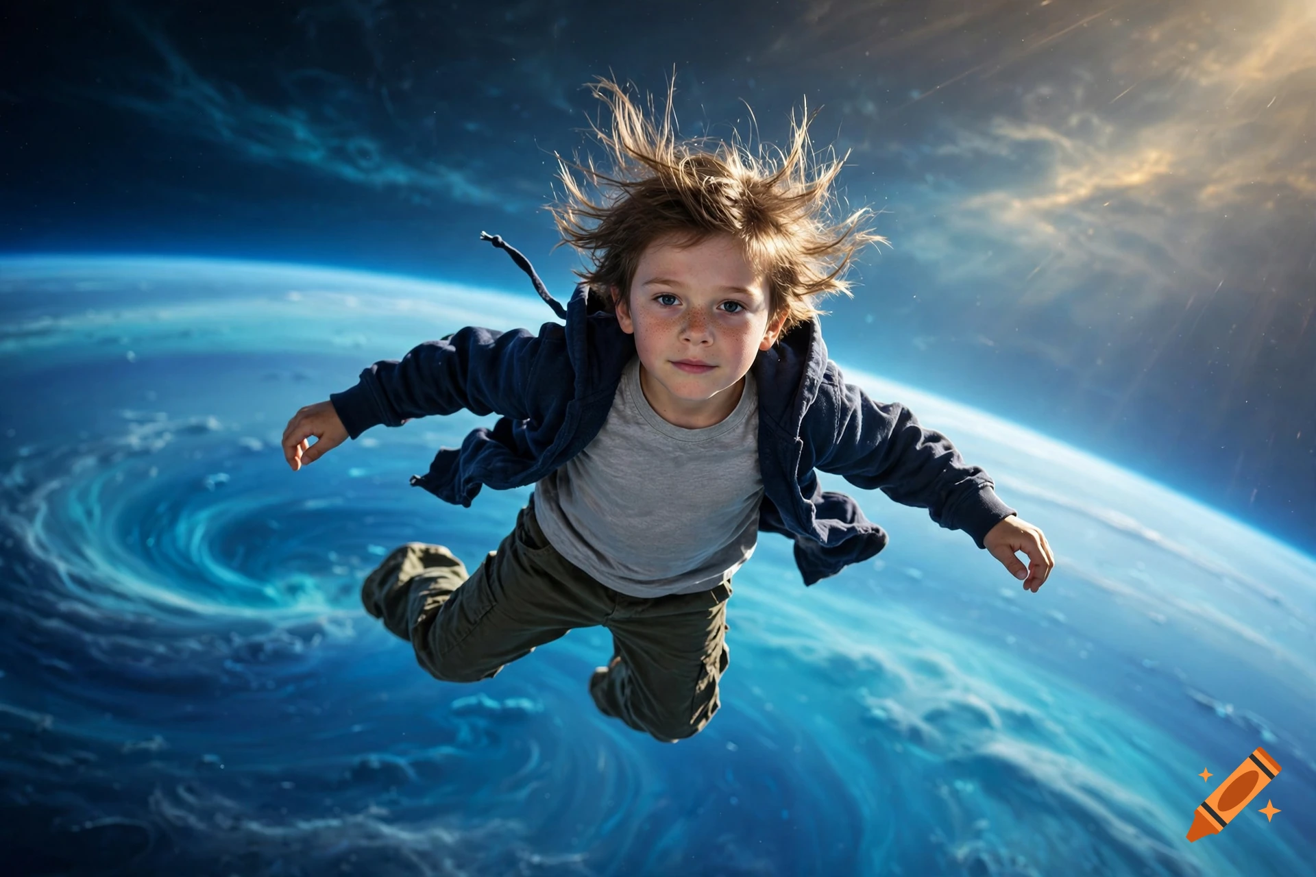 Photorealistic image of a young child floating in space without a spacesuit above the planet Neptune.