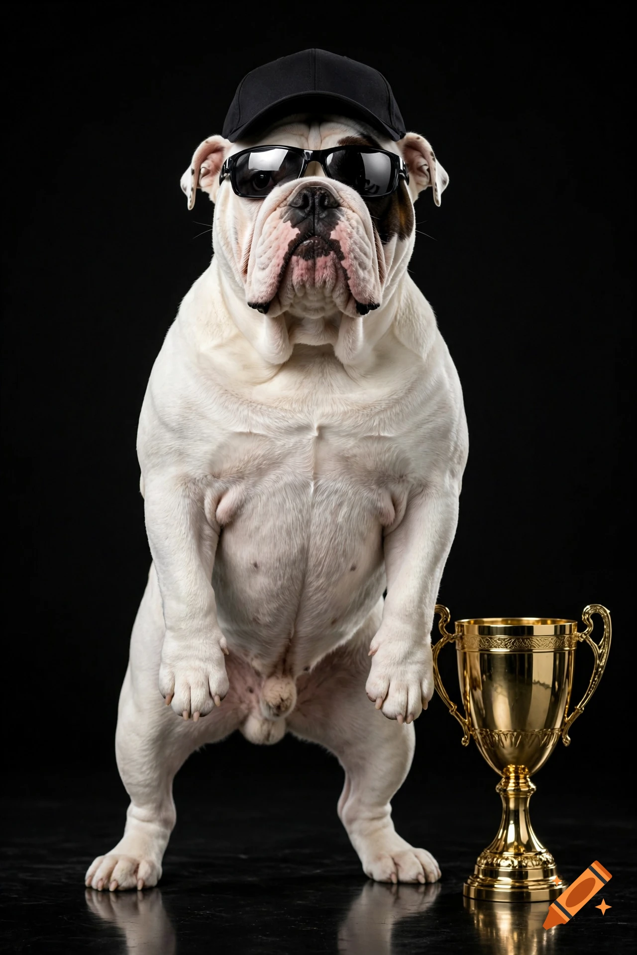 An adult English bulldog wearing sunglasses and a black cap stands upright on its hind legs next to a gold trophy cup against a dark background.