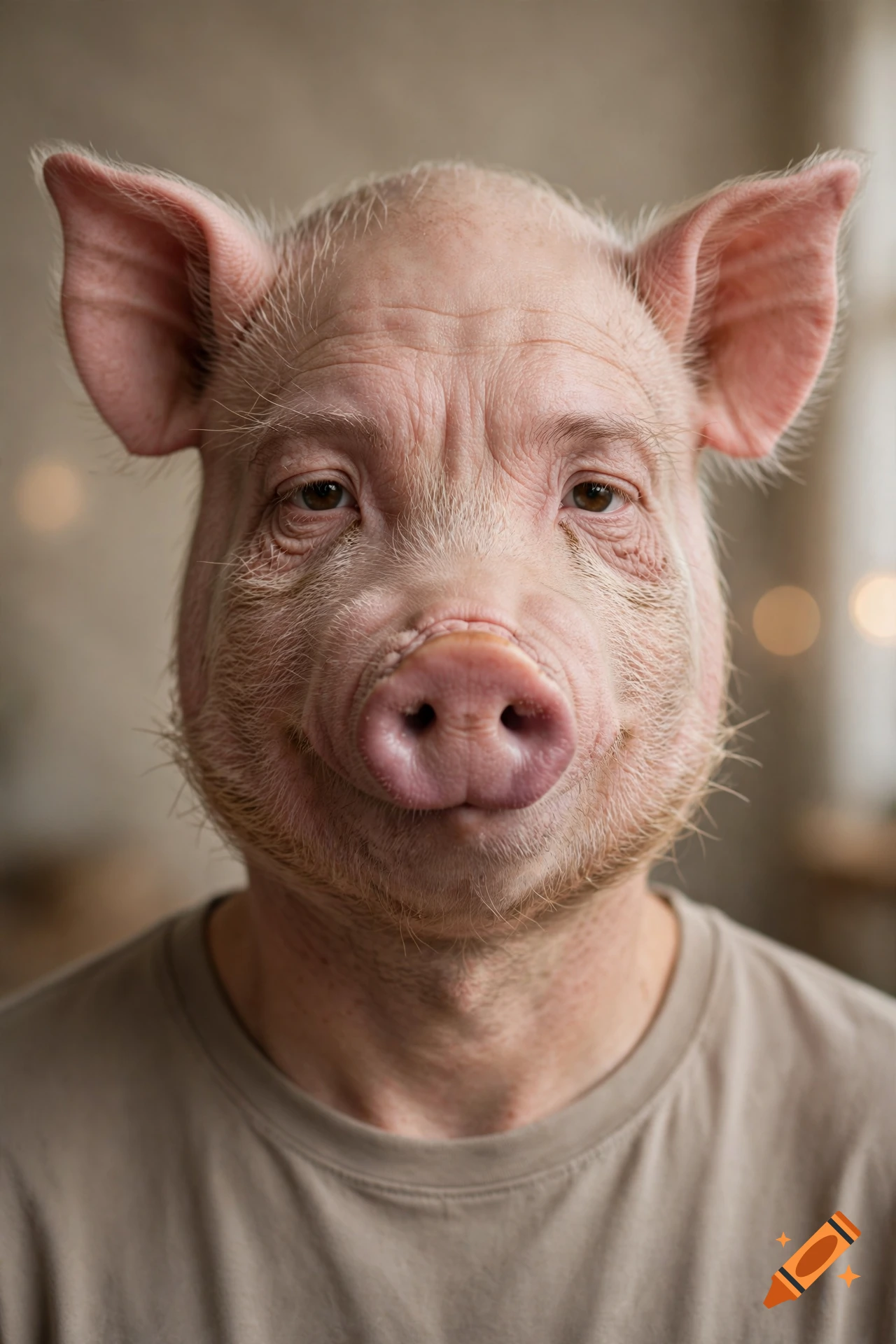 Photorealistic close-up portrait of a person with the face of a pig, wearing a beige t-shirt.