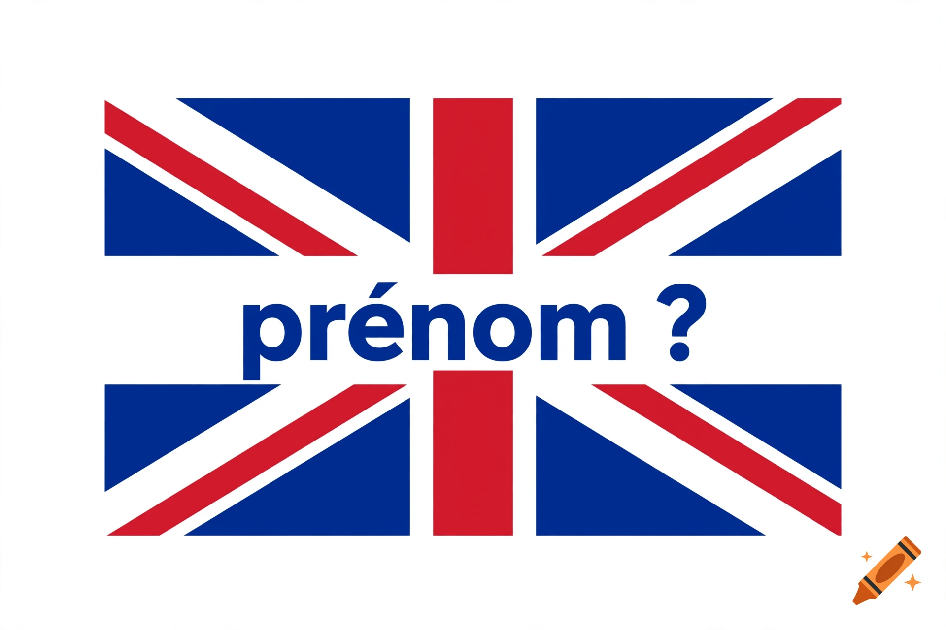 The Union Jack flag with blue background, red and white crosses, featuring the blue text prenom question mark in the center.