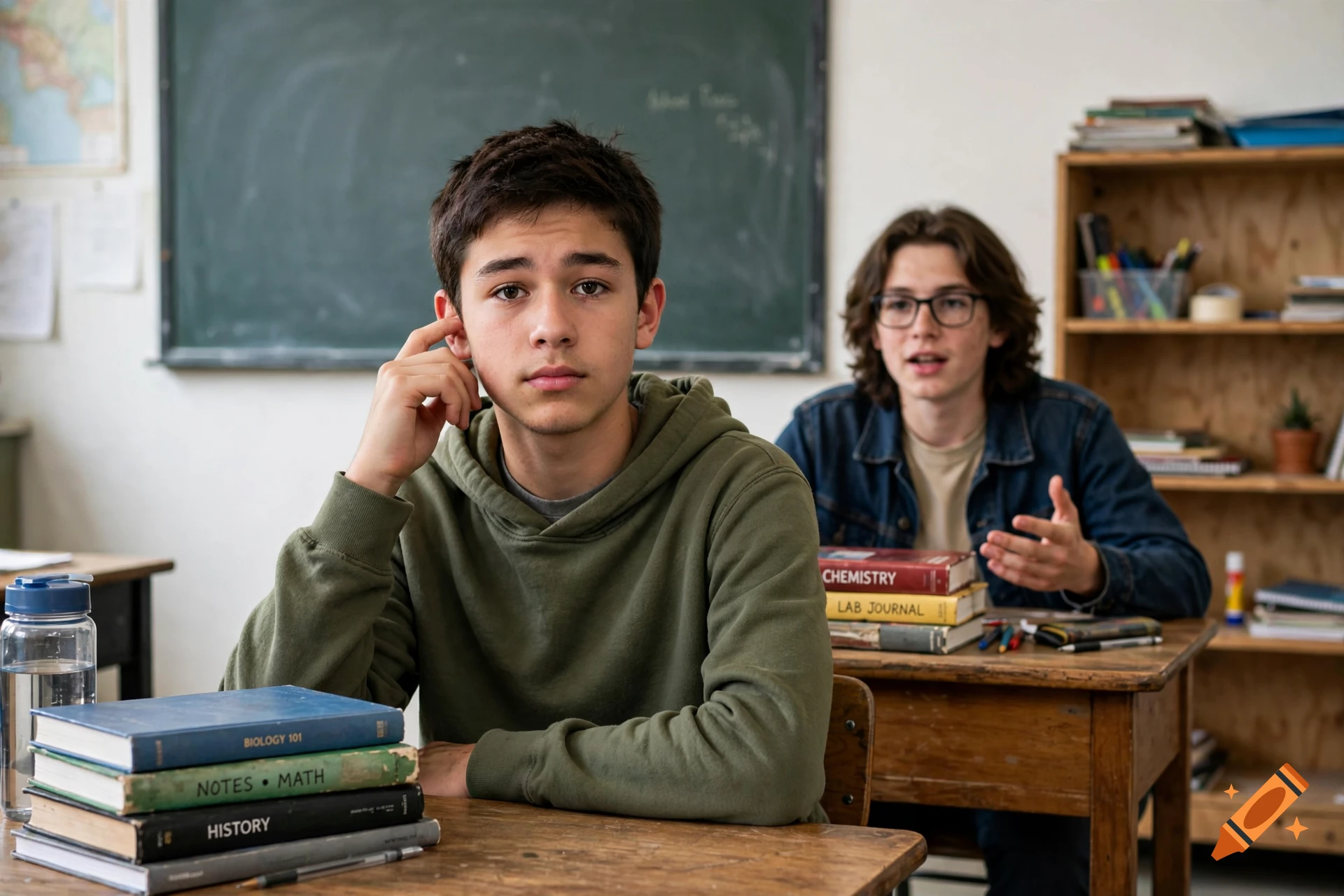 Two teenage boys in a classroom, one in the foreground sitting at a desk with books touching his ear, and another in the background speaking.