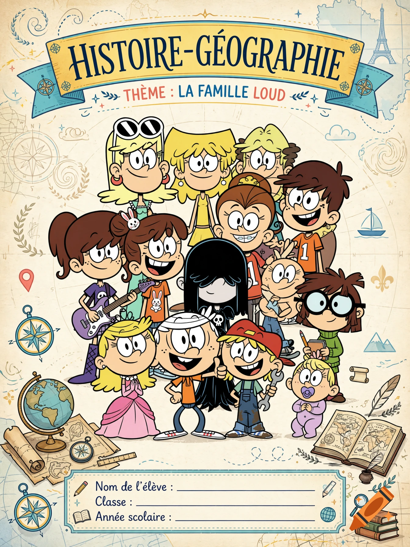 An illustrated school notebook cover featuring the characters from The Loud House, titled 'HISTOIRE-GÉOGRAPHIE', surrounded by map drawings and school items.