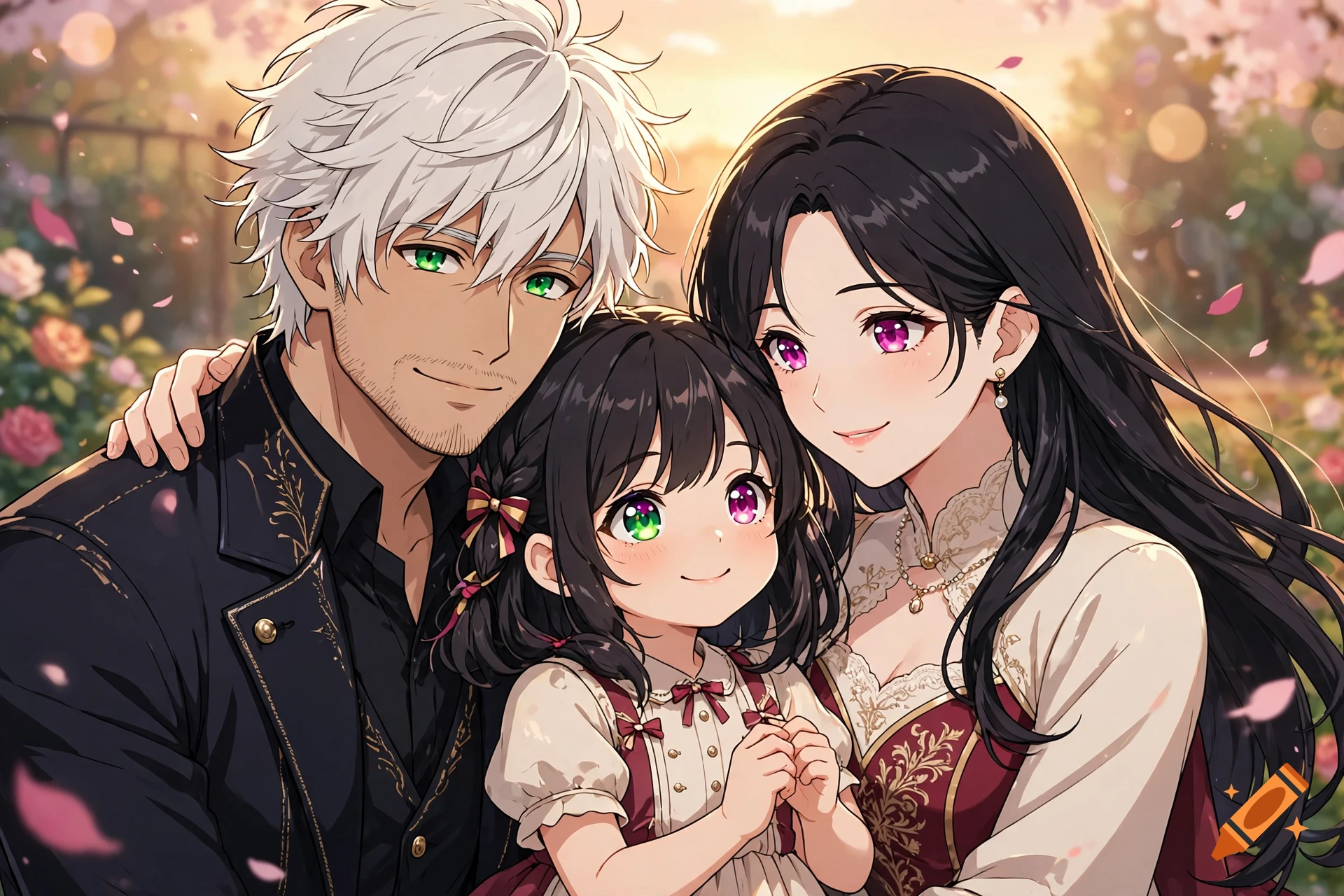 An anime-style digital illustration of a happy family consisting of a man with white hair and green eyes, a woman with long black hair and purple eyes, and their young daughter in between them, smiling outdoors with falling cherry blossoms in the background.