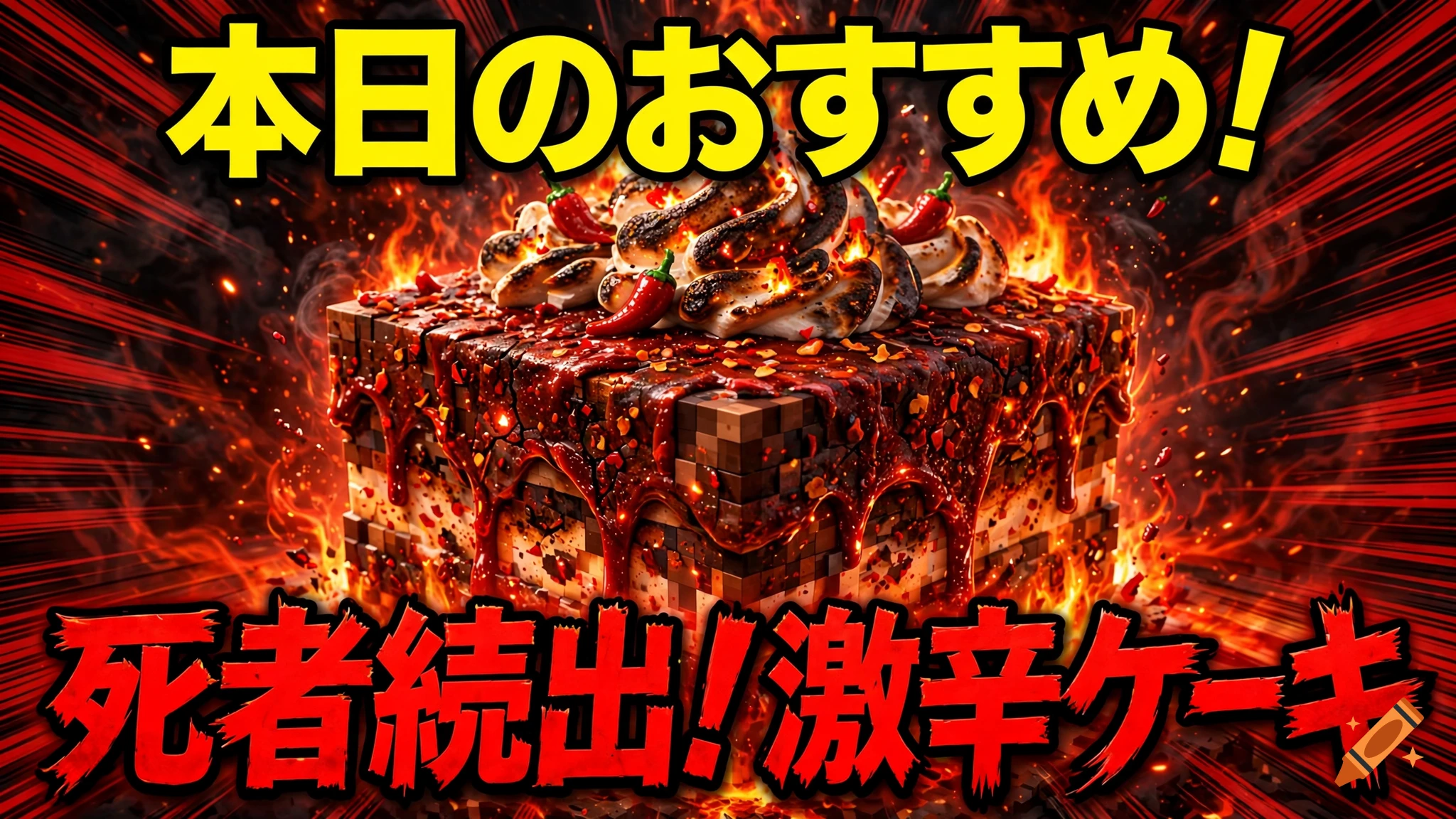 A Minecraft-style pixelated cake covered in spicy red sauce and chili peppers, with bold Japanese text and anime action lines.