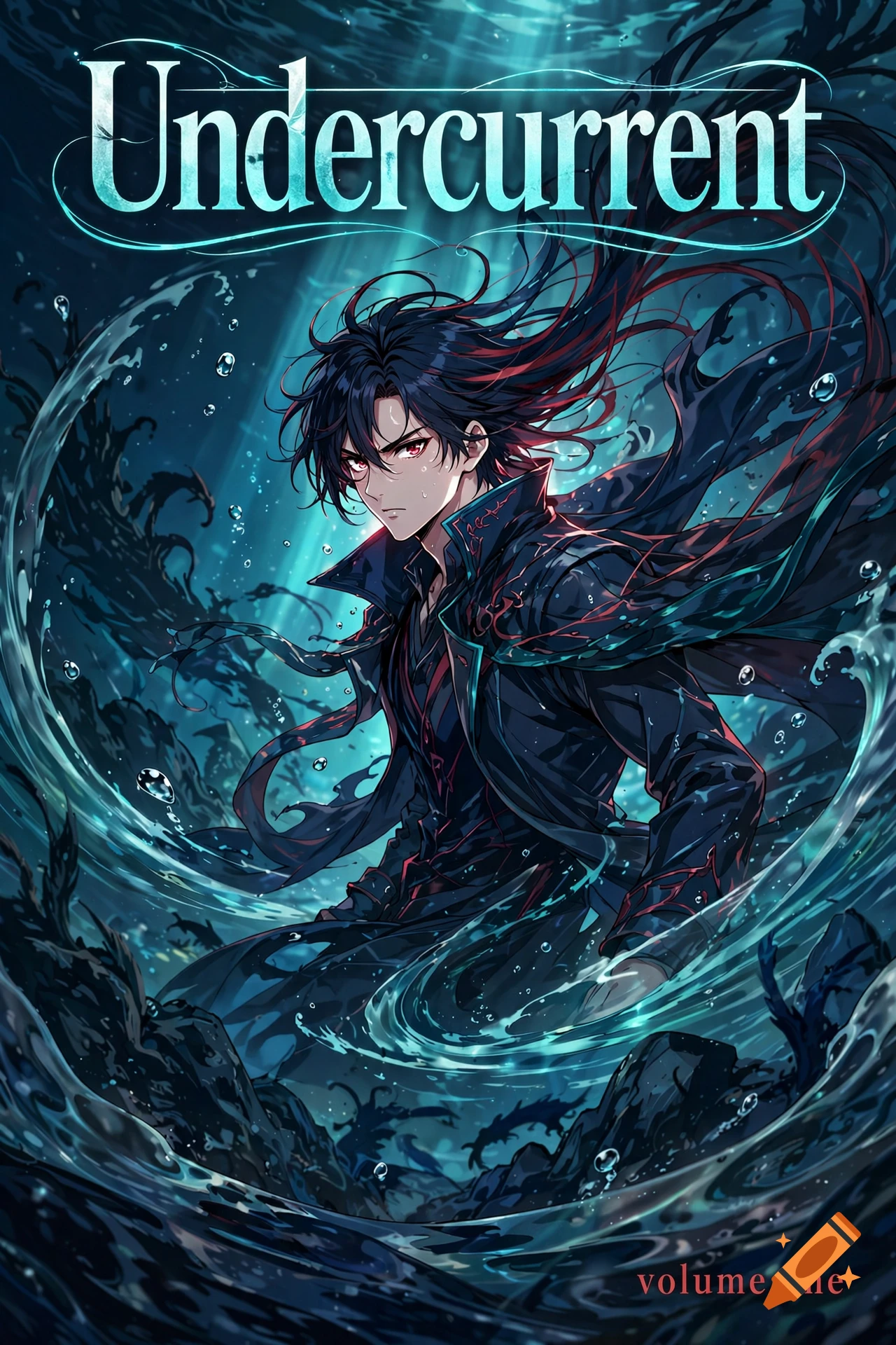 Anime style manga cover featuring a dark-haired male character with red eyes emerging from swirling water, with the title 'Undercurrent'.