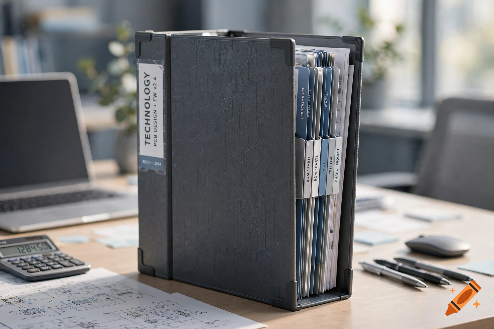 Photorealistic image of a black binder labeled technology with indexed file dividers on an office desk next to a laptop and calculator.