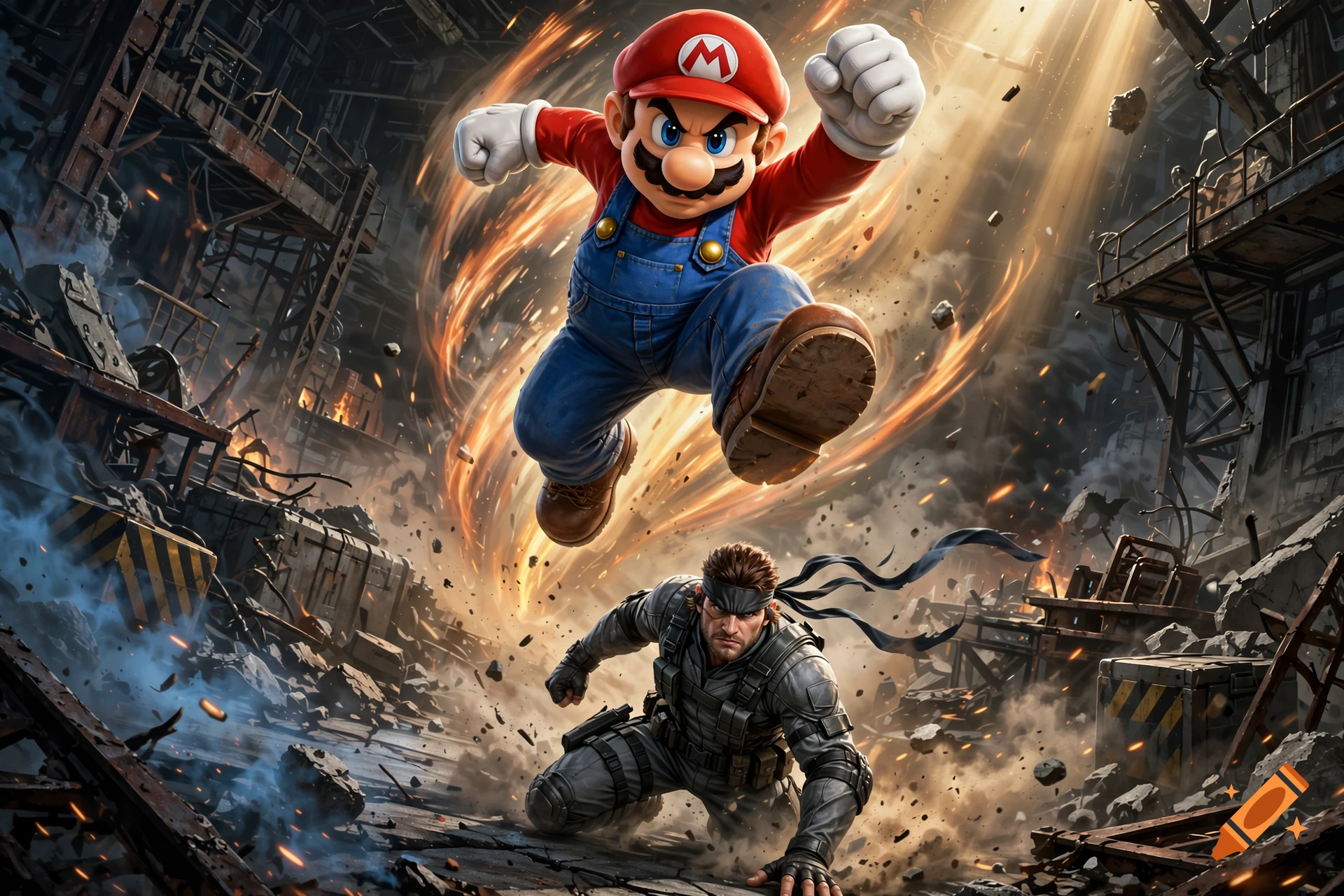 Mario jumping and posing aggressively above a crouching Solid Snake in a ruined industrial setting, digital art.