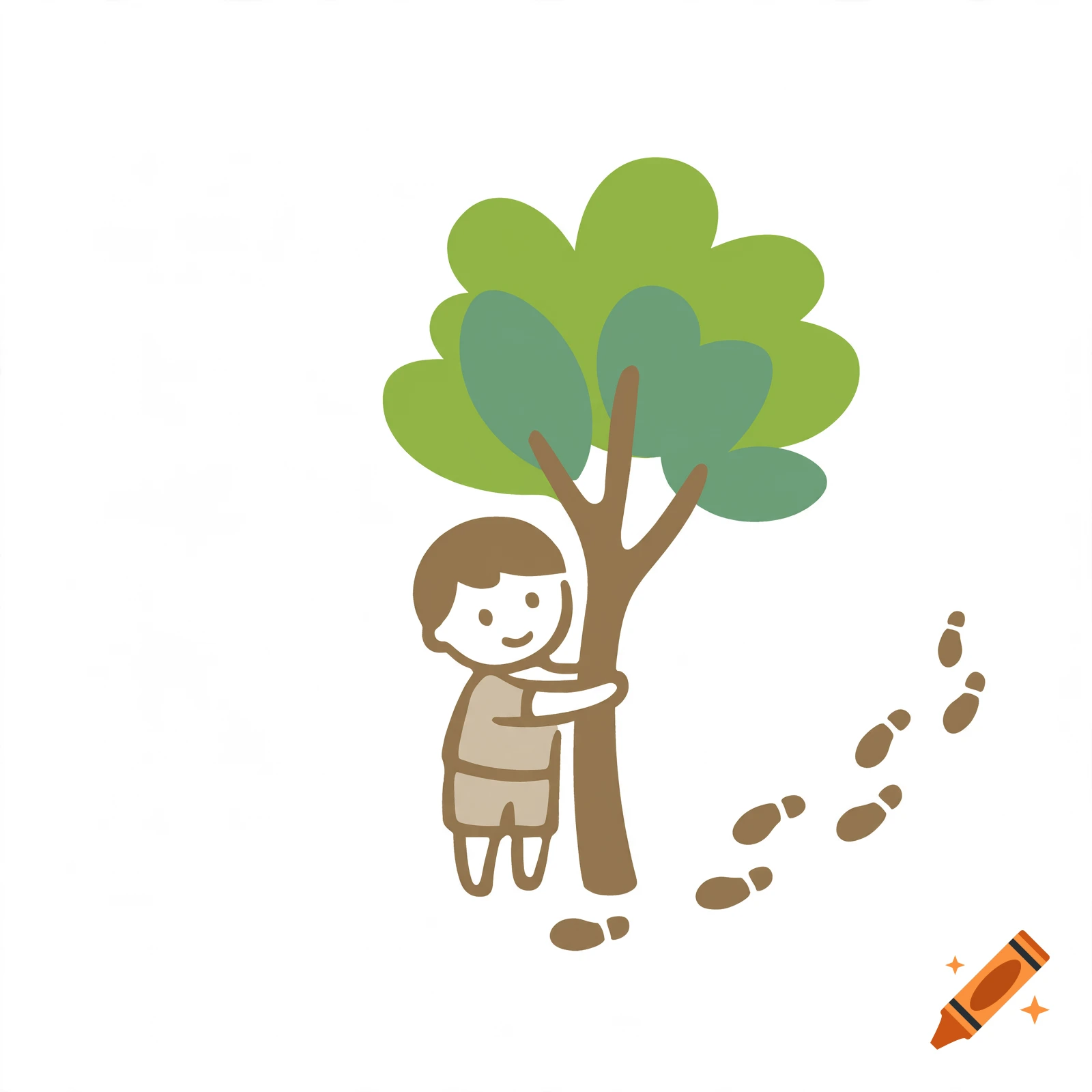 Minimalist vector illustration of a child hugging a tree, with footprints leading up to them on a white background.