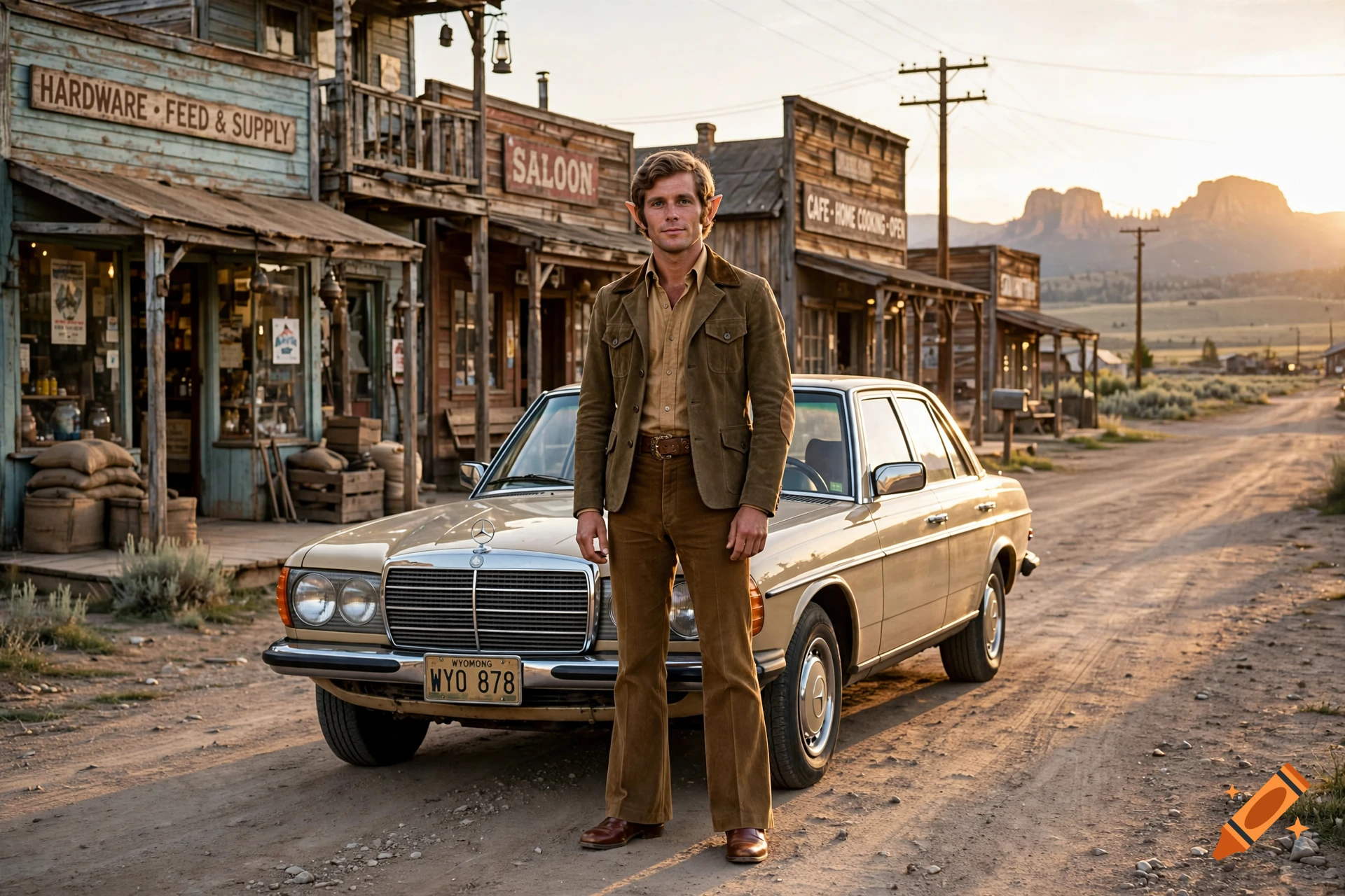 Photorealistic image of a male elf with pointed ears standing in front of a vintage beige Mercedes in a western town.