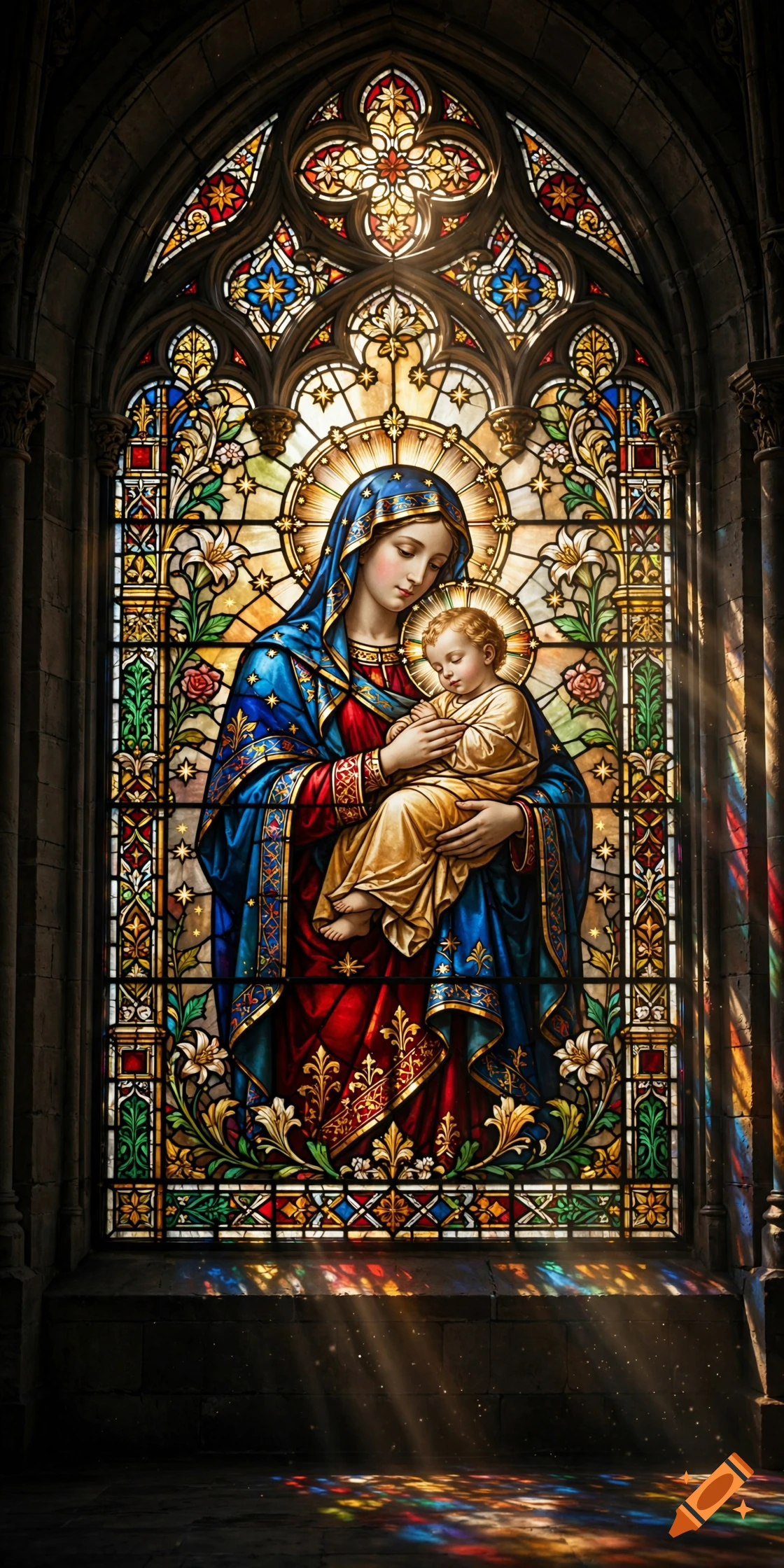 An ornate stained glass window depicting the Madonna and Child inside a cathedral with sunlight filtering through.