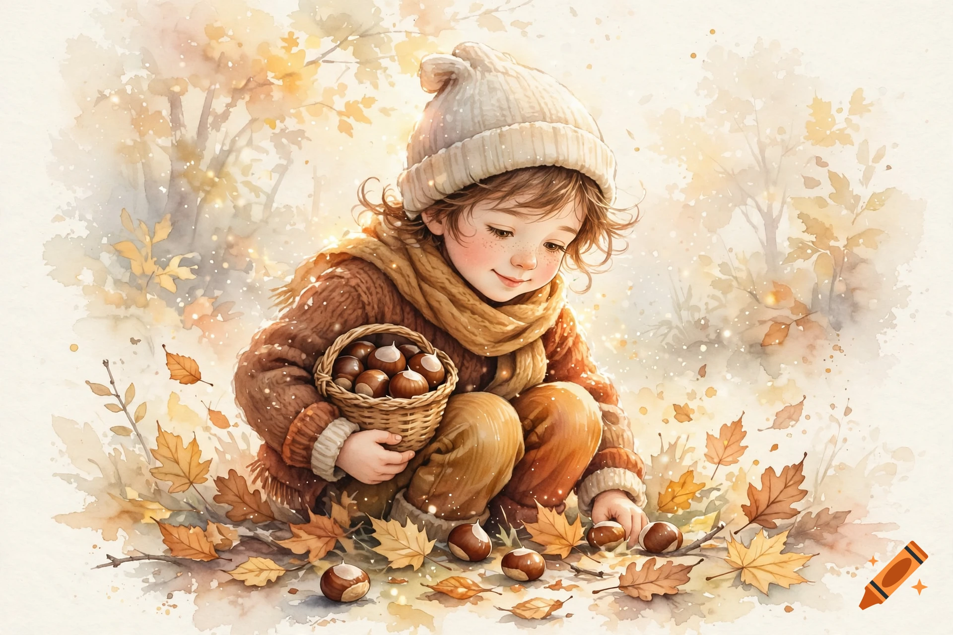 Watercolor illustration of a smiling child in a winter hat and sweater gathering chestnuts in autumn leaves.