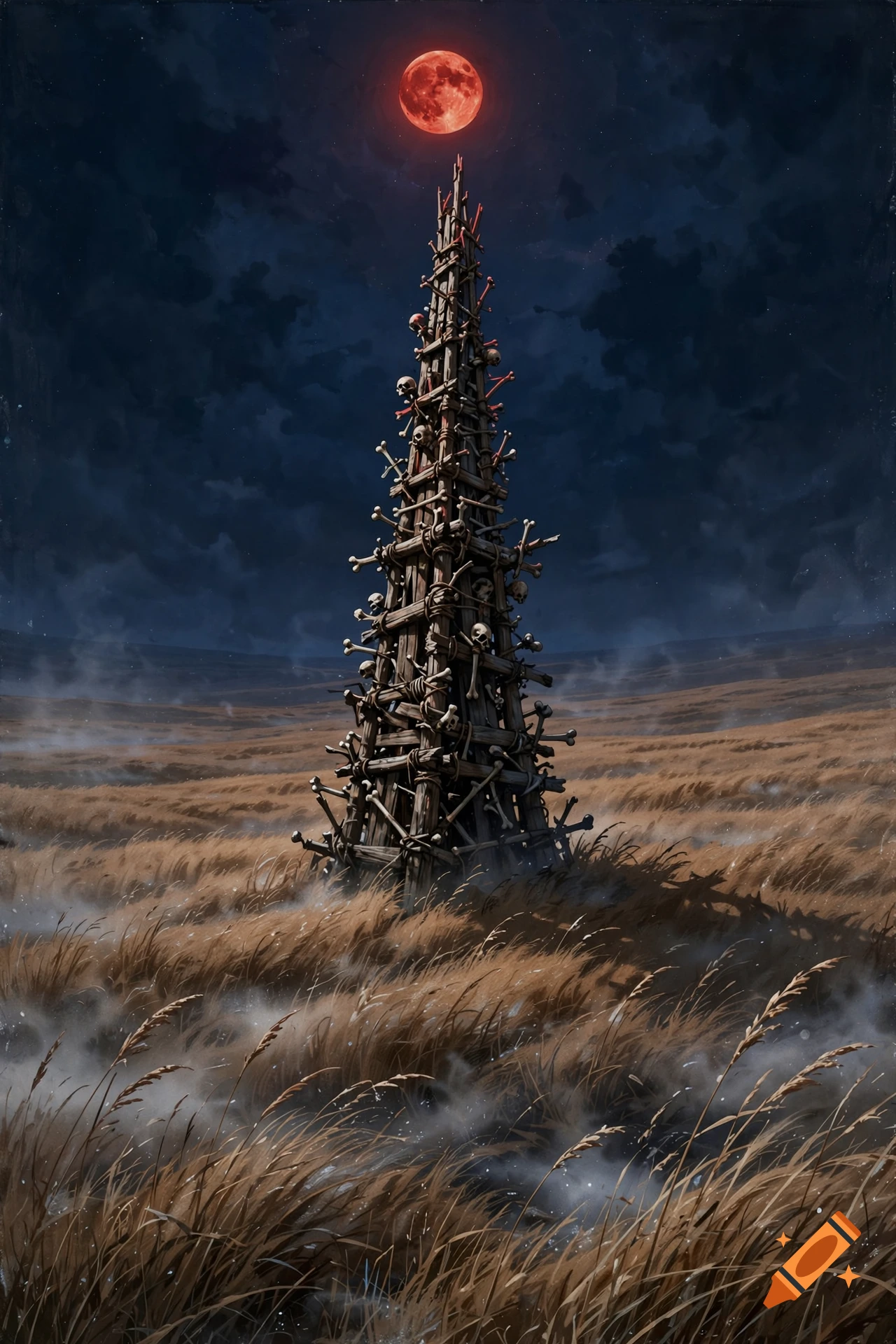 TTRPG style illustration of a tall tower made of wood and bones in a grass steppe beneath a red blood moon in a dark sky.