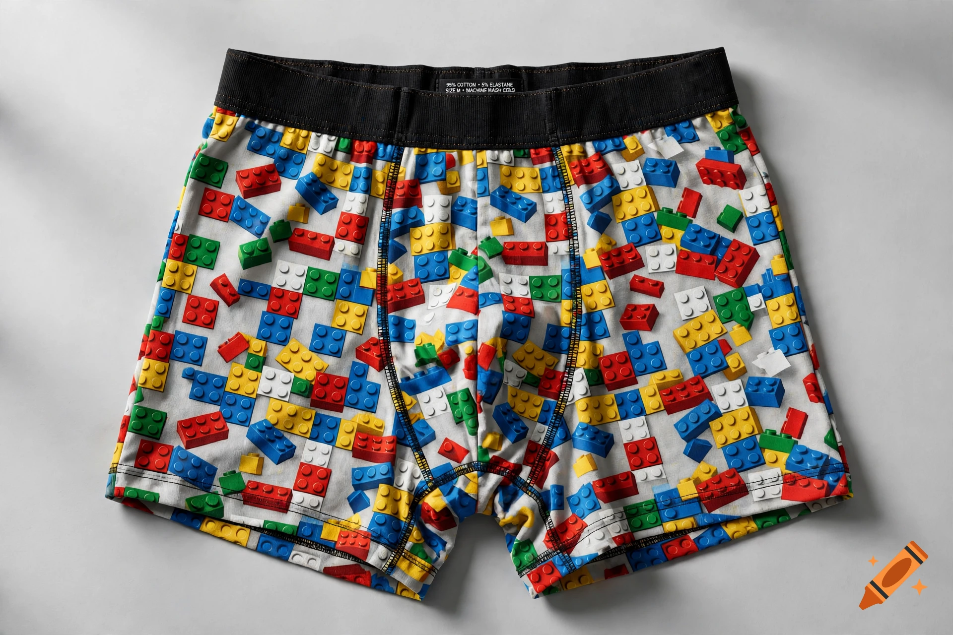 A pair of boxer briefs with a colorful toy brick print on a grey background, product photo.