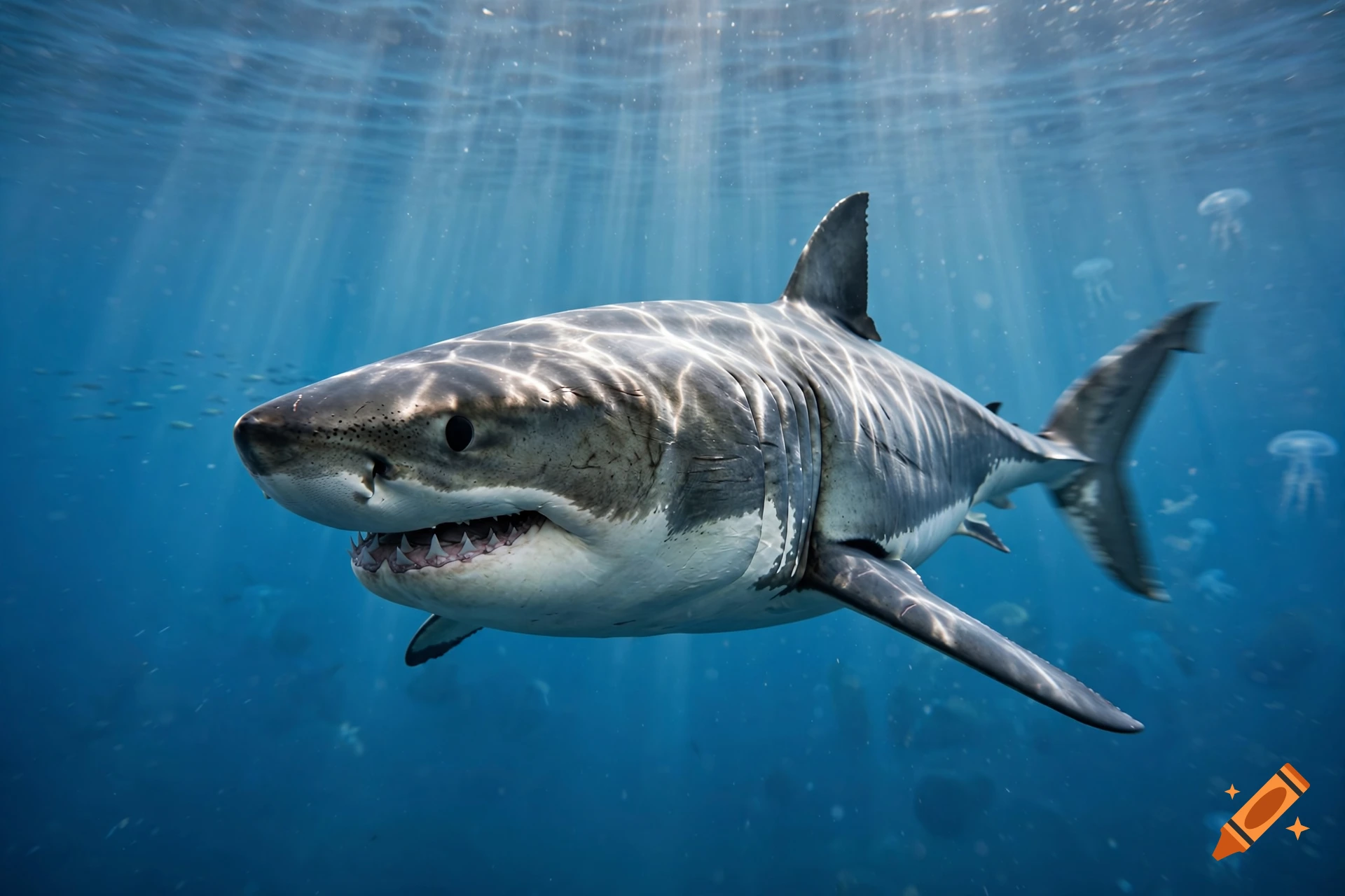 Photorealistic underwater shot of a great white shark swimming toward the camera with sunlight filtering through the water surface.