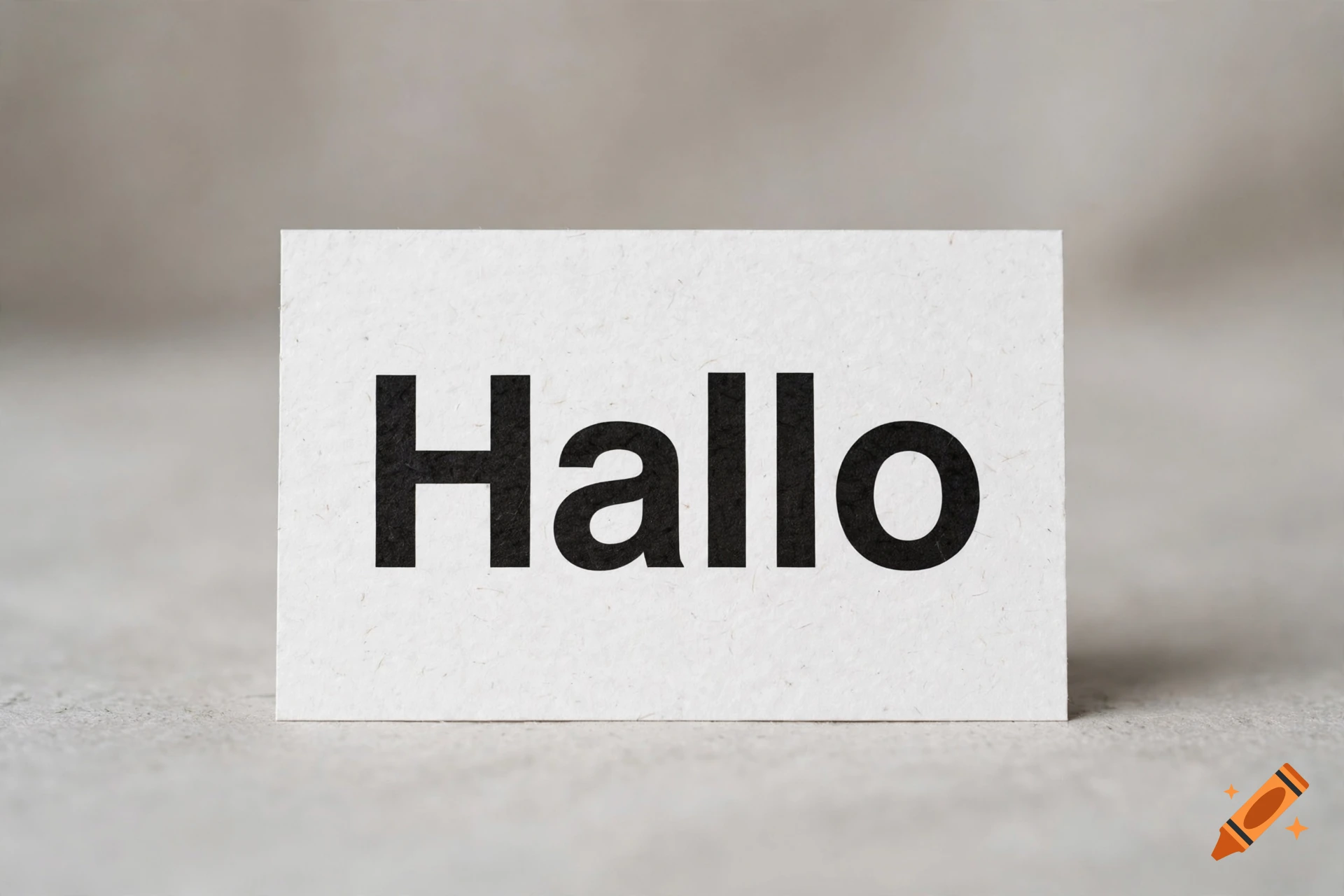 A small white card displaying the word Hallo in bold black font on a neutral textured surface.