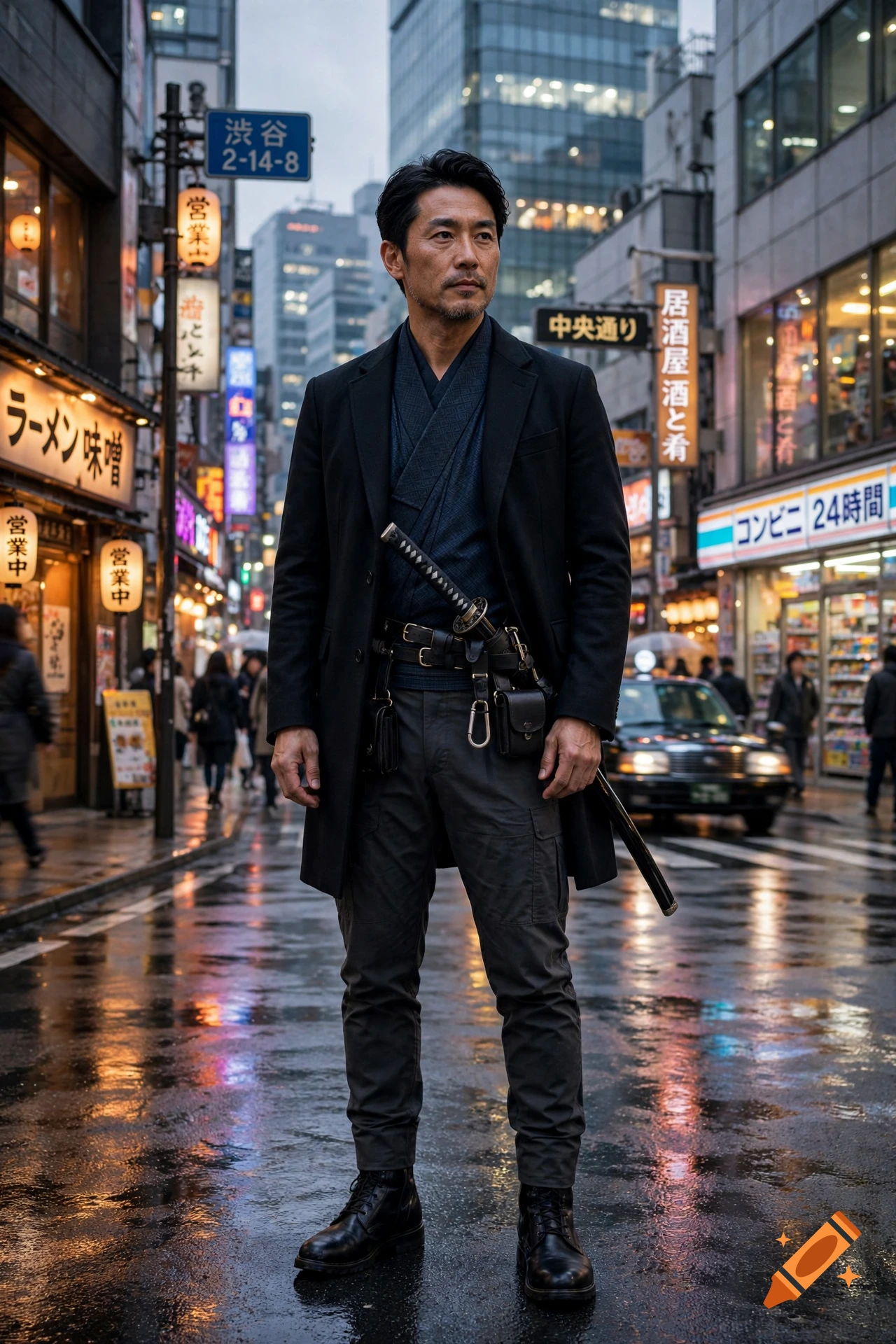 Photorealistic image of a modern samurai standing on a wet, neon-lit Tokyo street at night.