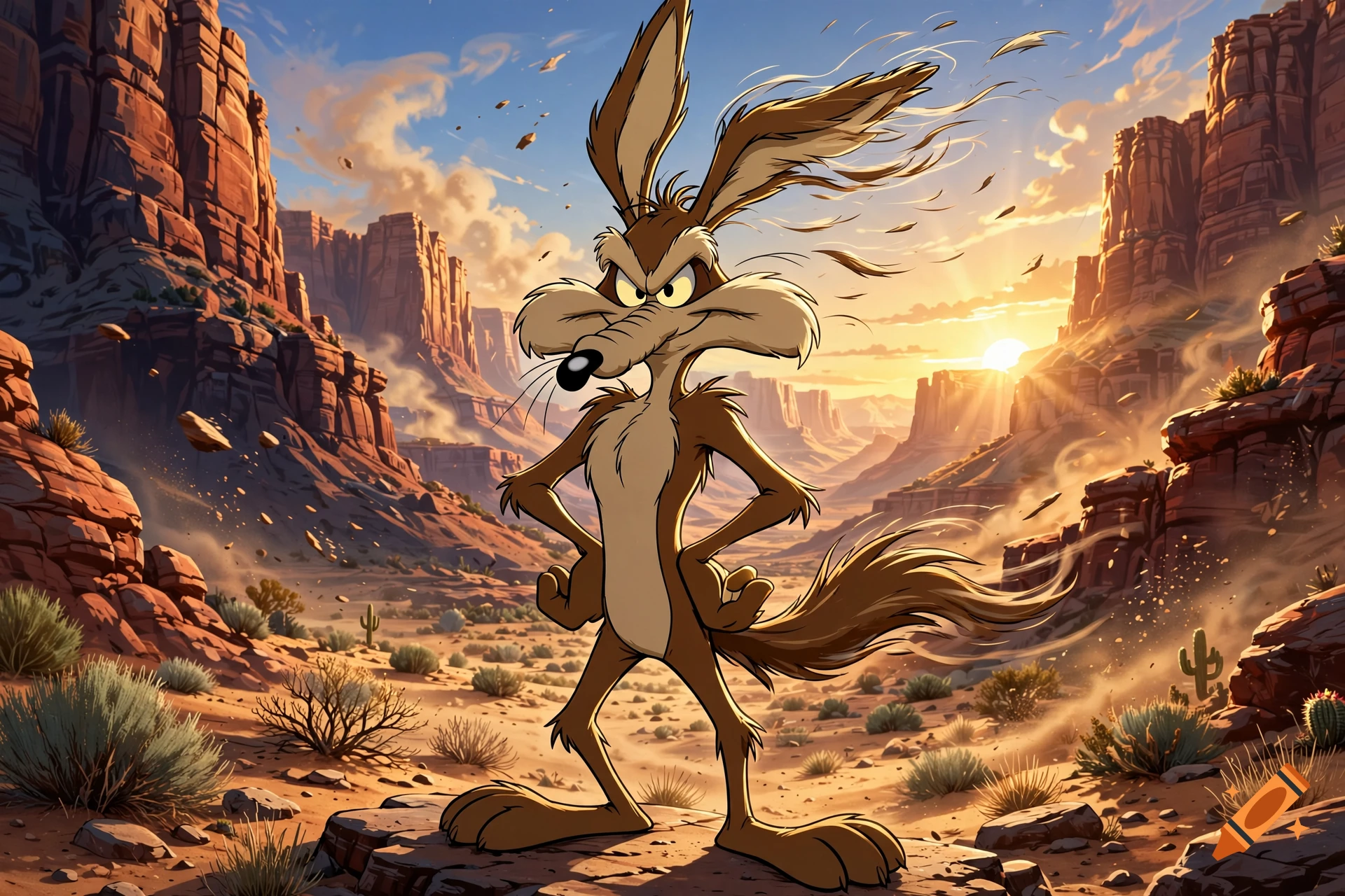 An animated brown coyote stands with hands on hips in a desert canyon landscape during sunset.