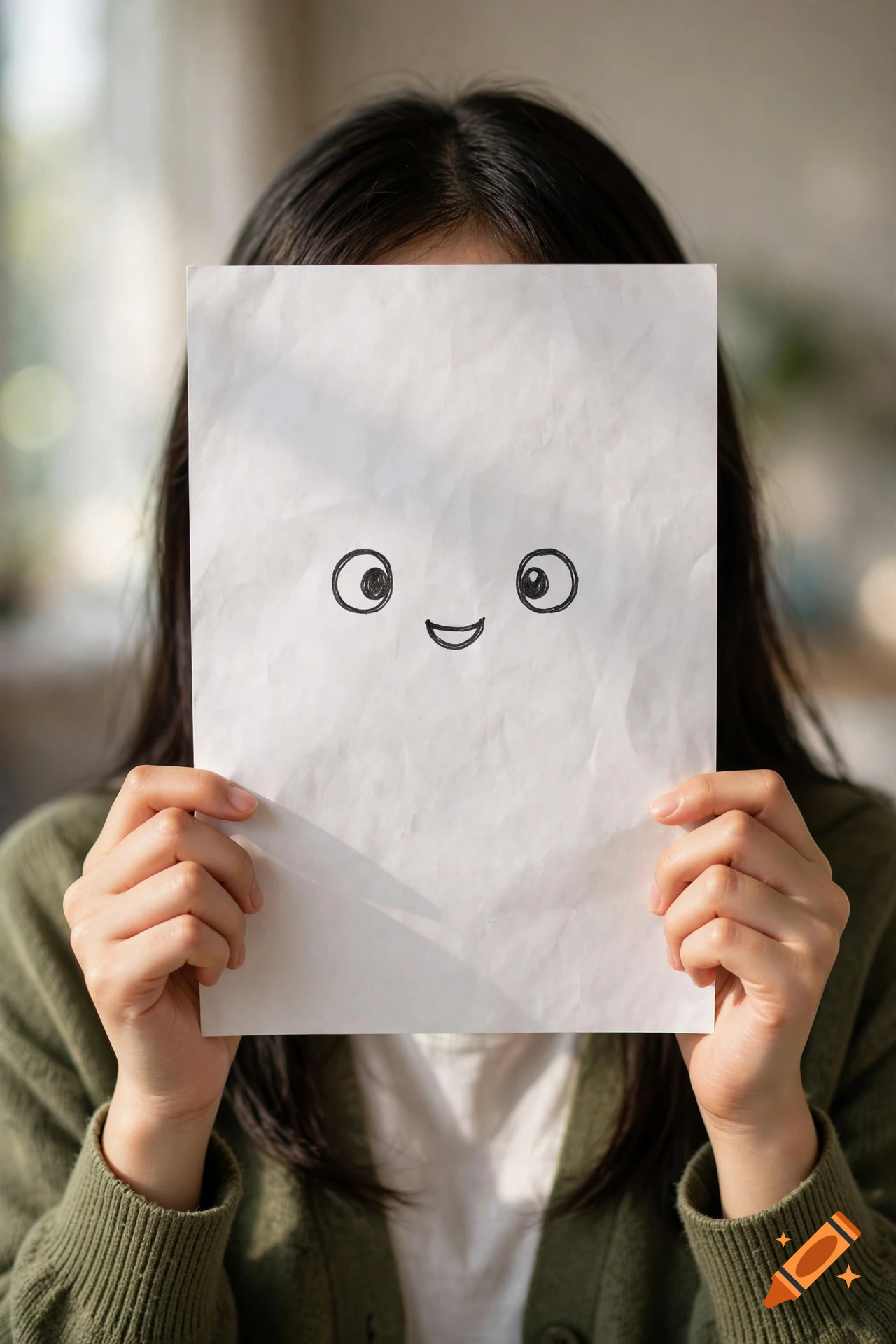 A person holding up a piece of paper with a cute, simple smiley face drawn on it, hiding their face.