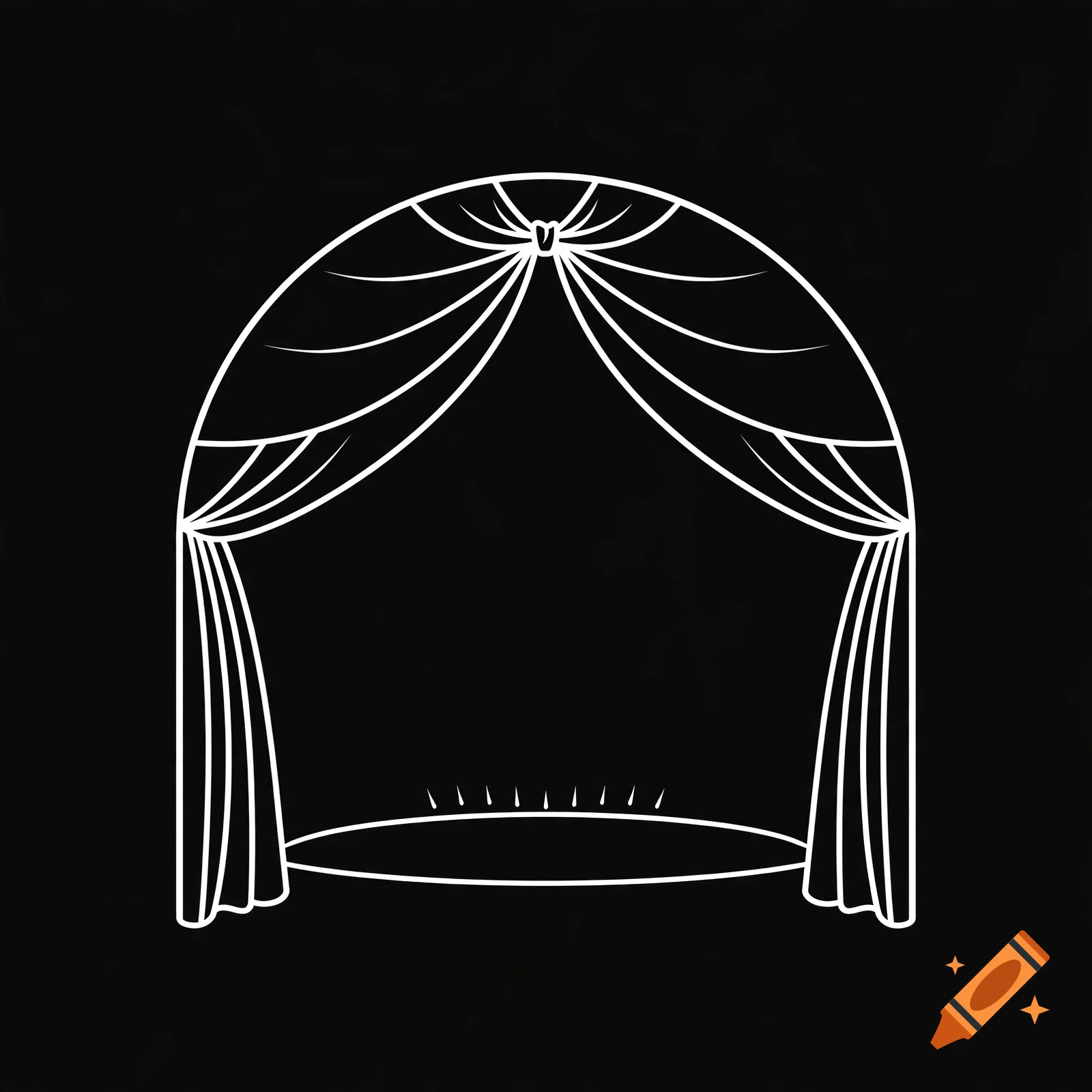 Line art of an arched stage with curtains gathered at the top on a black background.