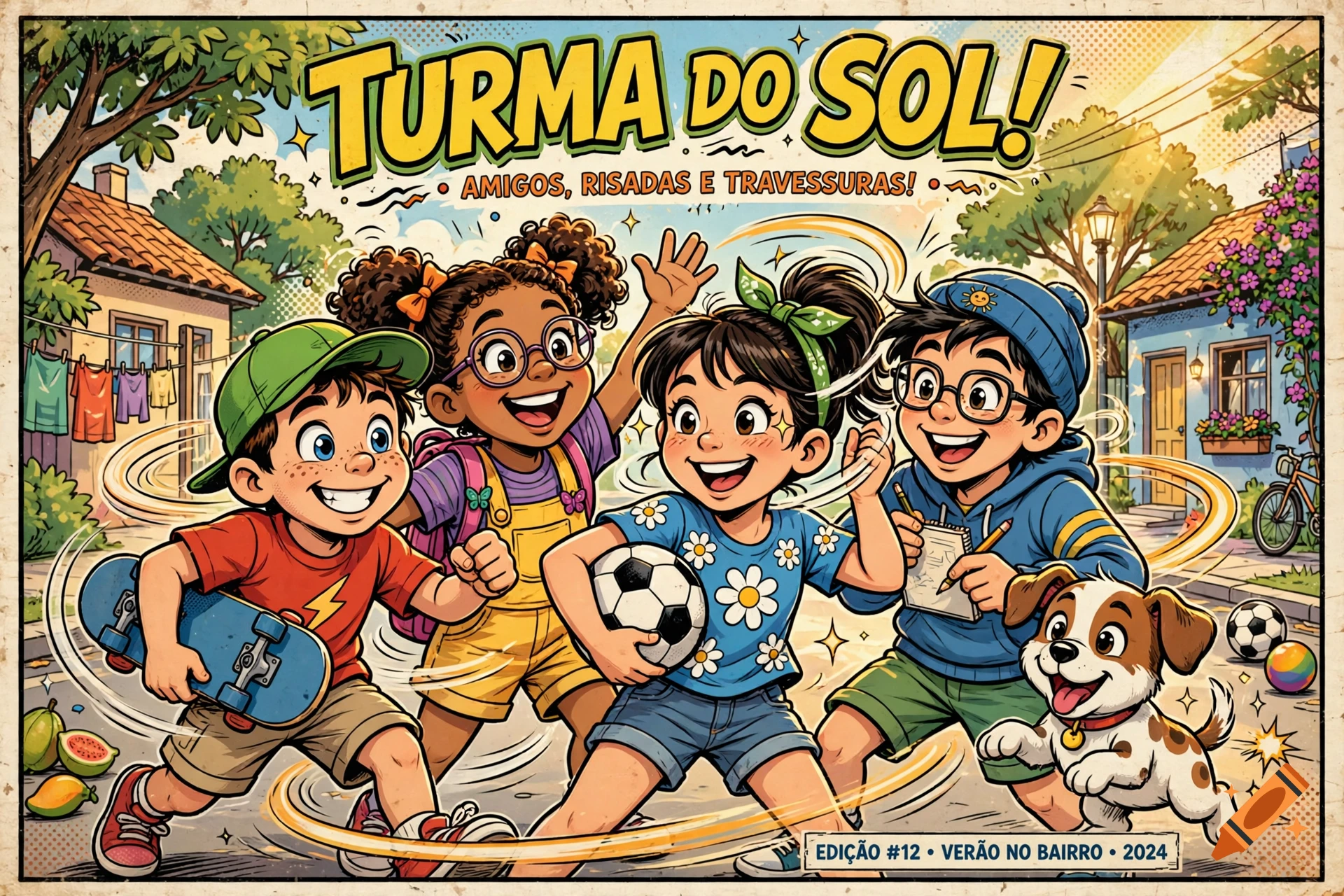 Comic book style illustration of four happy children and a dog running and playing outdoors with bold text at the top.