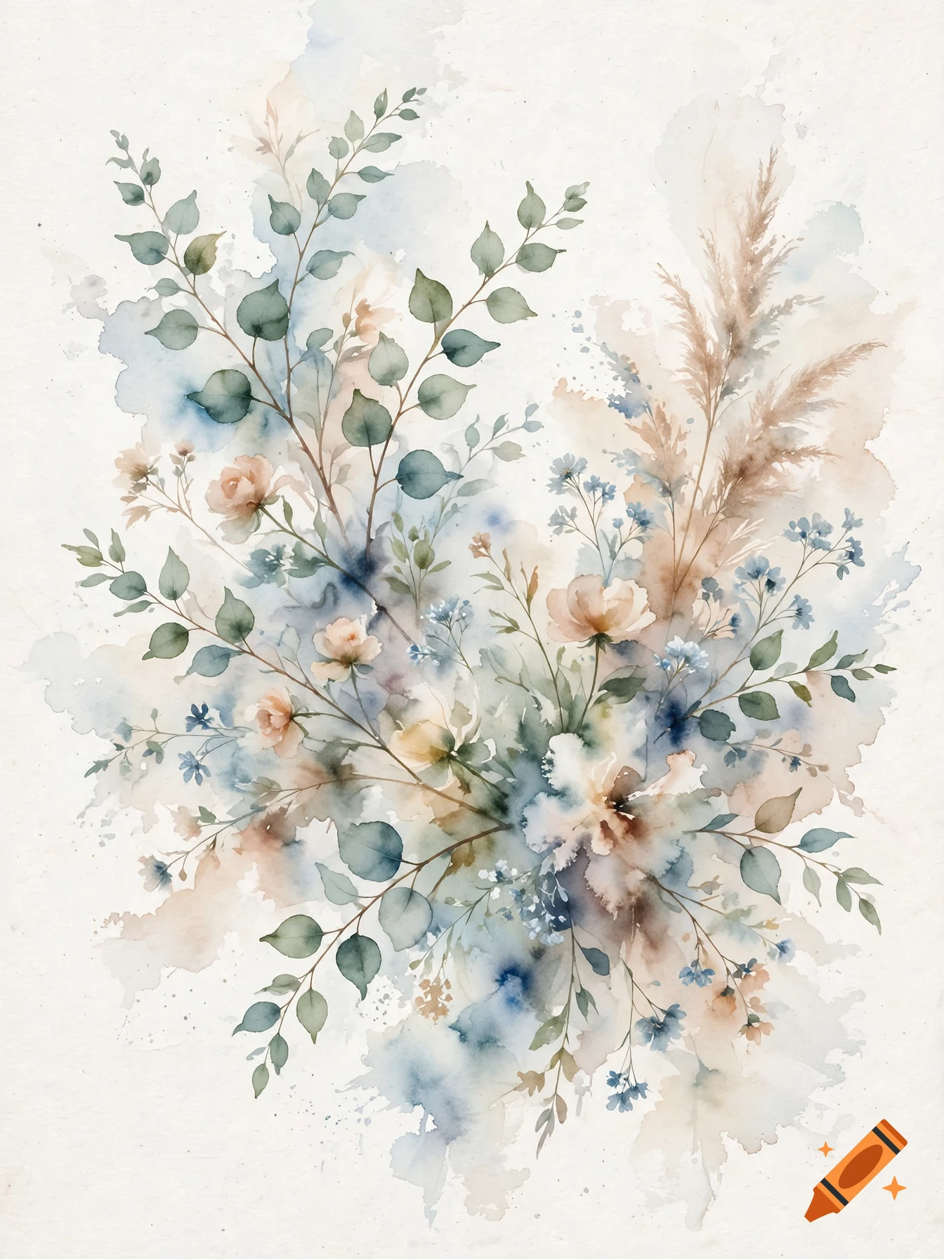 Watercolor painting of a floral arrangement with eucalyptus leaves, pale roses, and blue wildflowers.