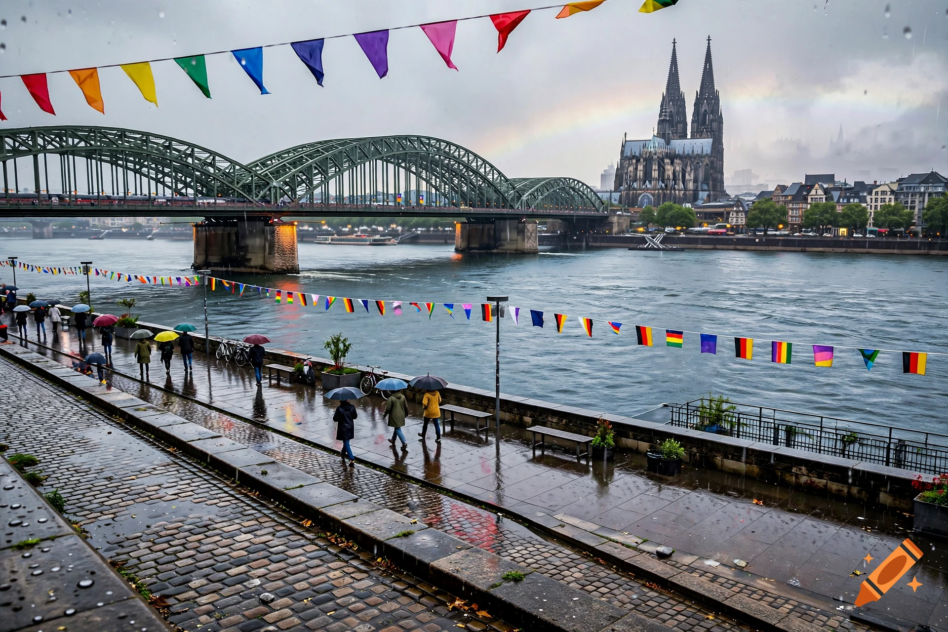 Rainy view of Cologne Cathedral and Hohenzollern Bridge over the Rhine river with rainbow and colorful flags.