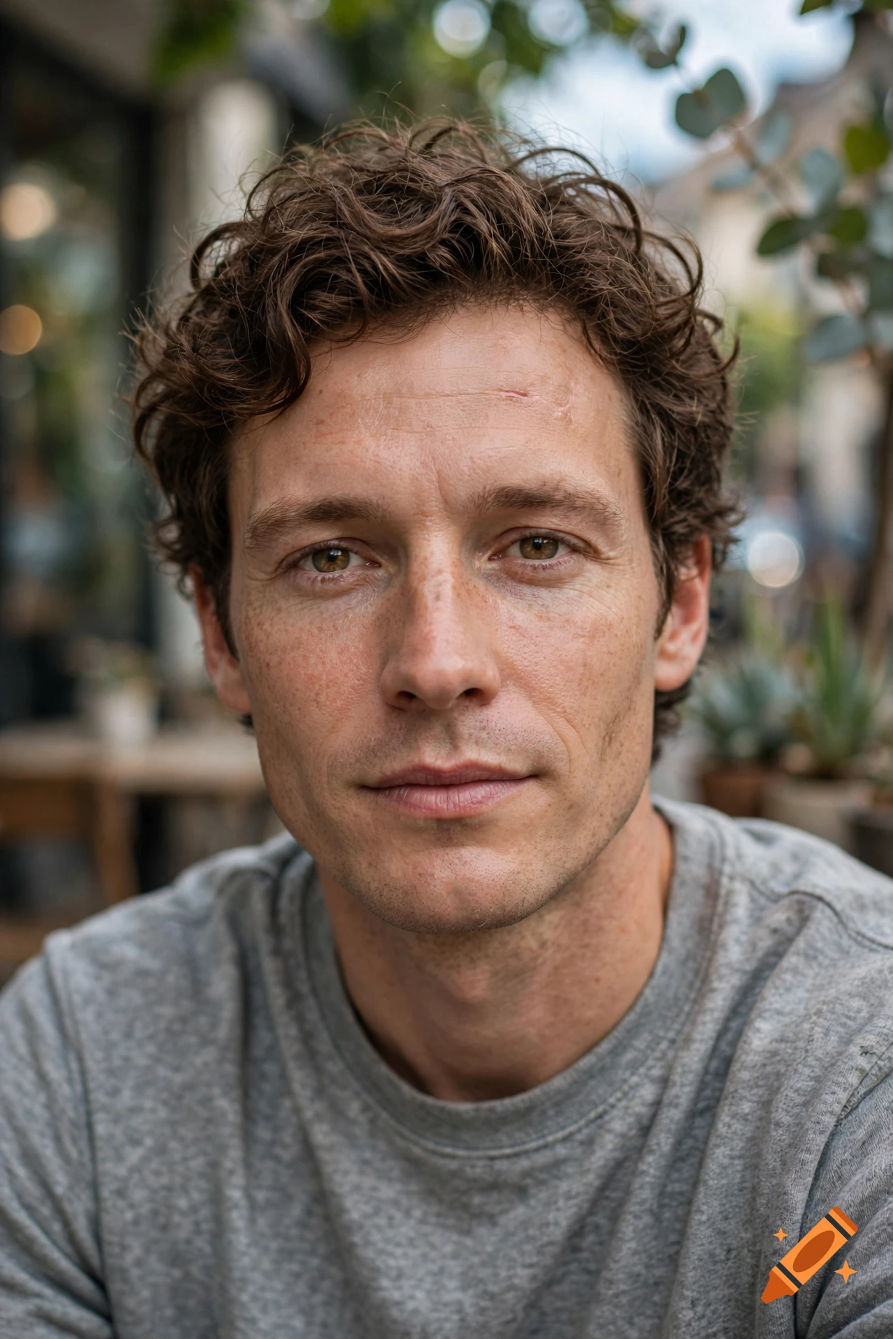 Close-up photorealistic portrait of a young man with curly brown hair, freckles, and a gray t-shirt outdoors.