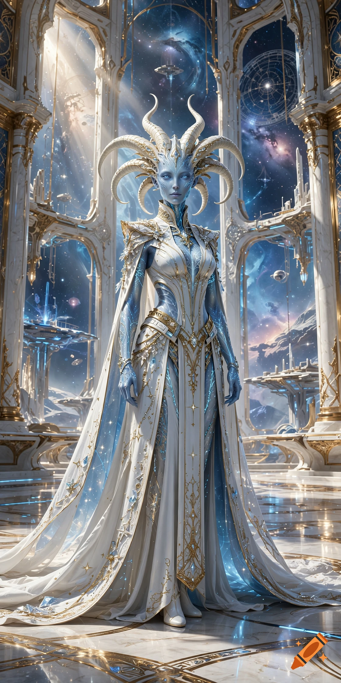 A majestic horned alien-like woman in elaborate white and gold gown standing inside an ornate futuristic palace with a cosmic sky visible through large archways.