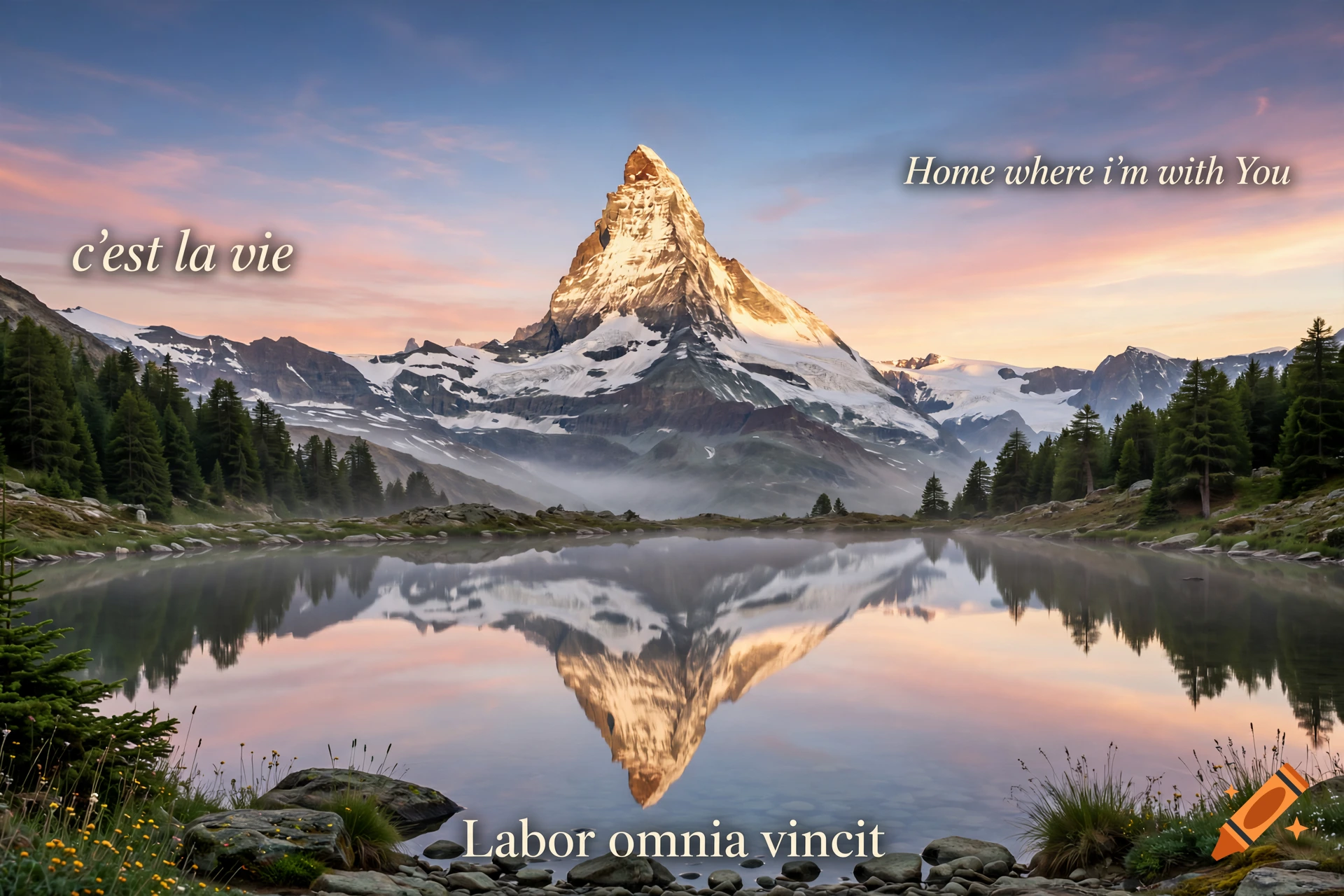 A scenic landscape featuring a majestic snow-capped mountain reflecting in a tranquil lake at sunset, surrounded by forests and text overlays.