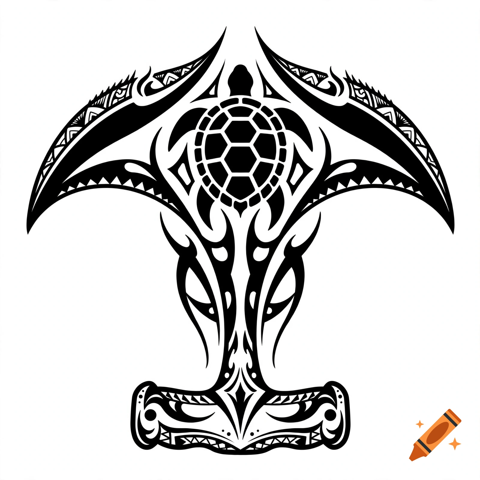 A stylized black and white tribal tattoo design featuring a sea turtle surrounded by ornate patterns.