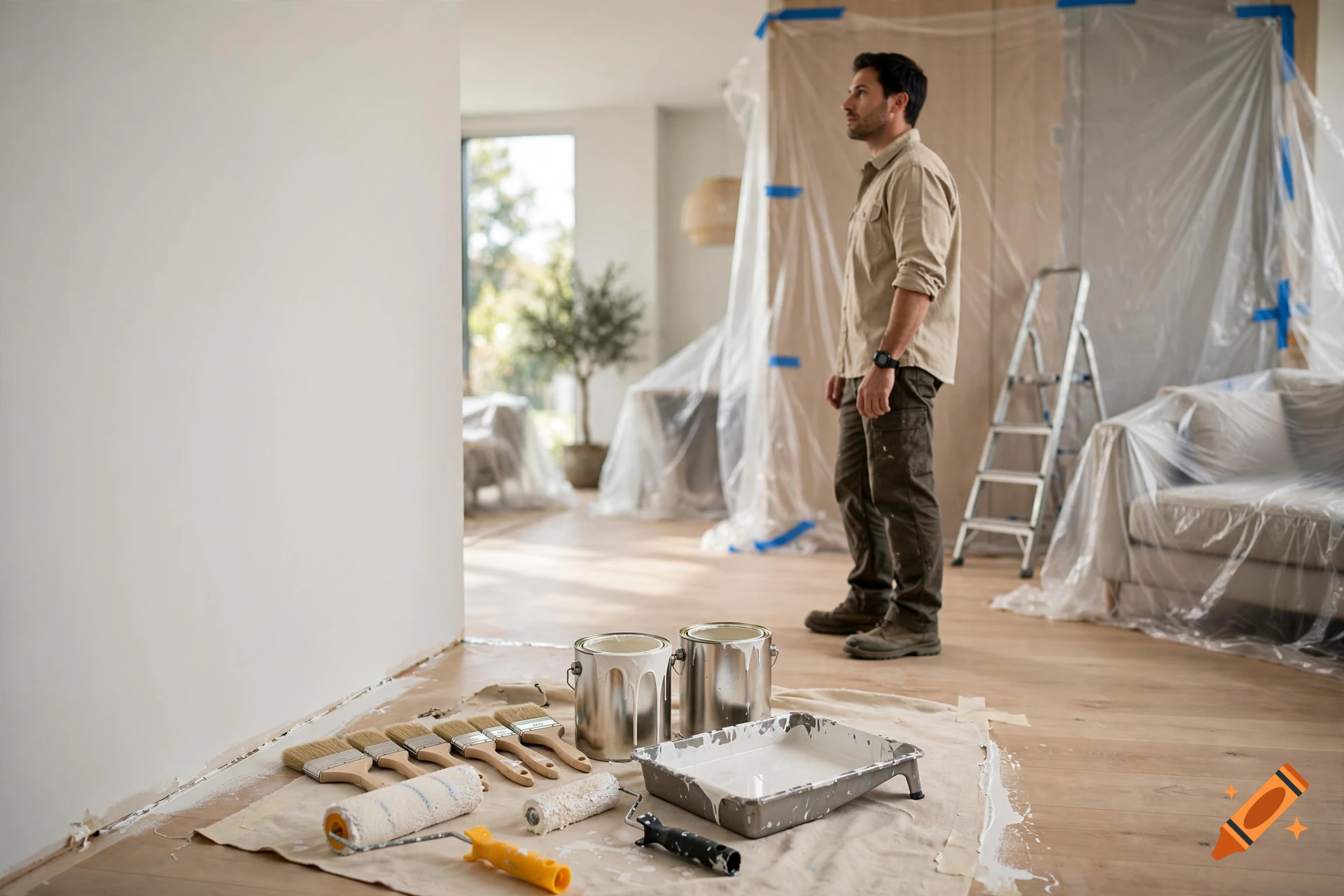 Photorealistic image of a man standing in a room undergoing interior painting renovation, with paint cans and brushes on the floor.