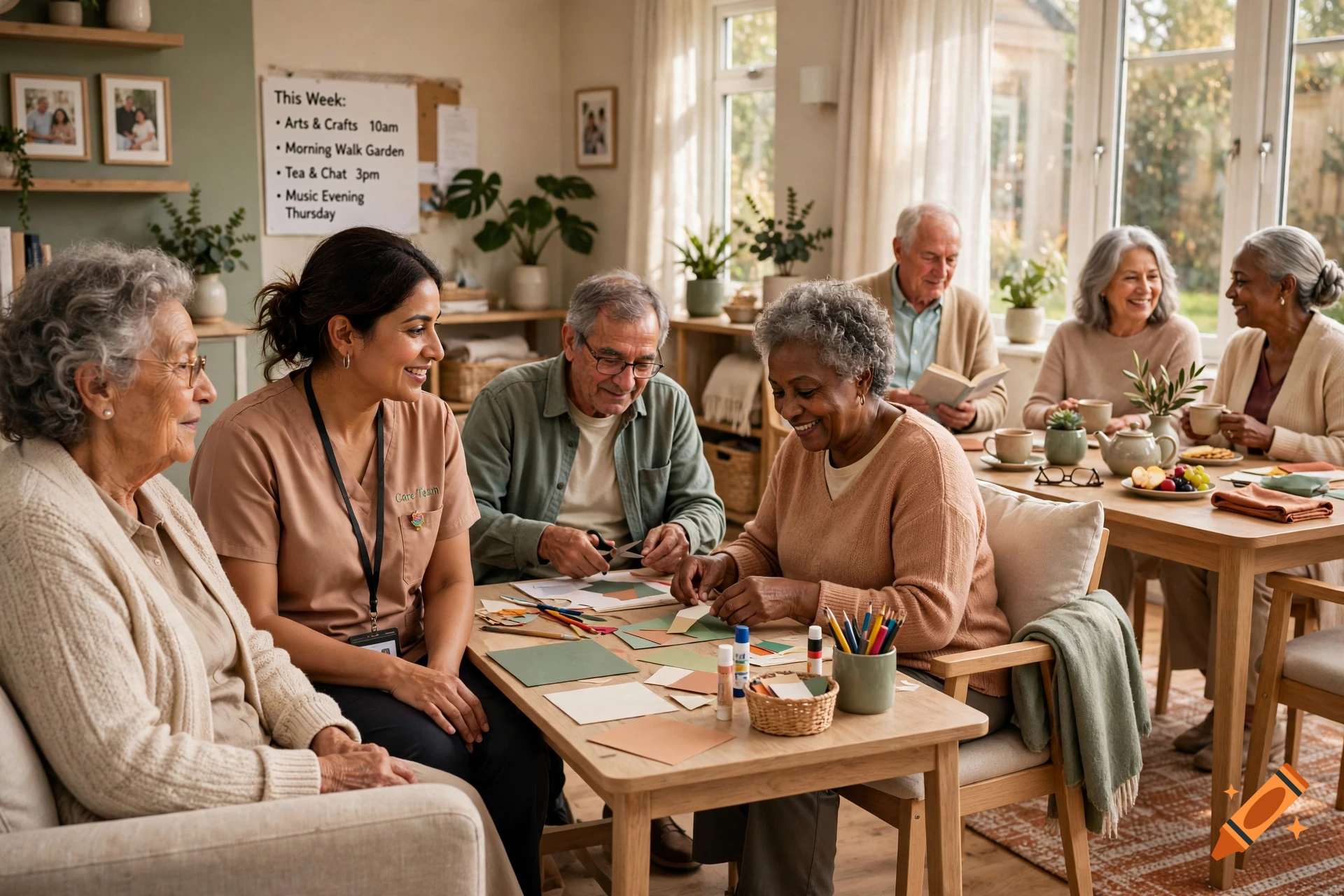 Photorealistic image of seniors and a caregiver engaged in activities in a bright, modern nursing home.