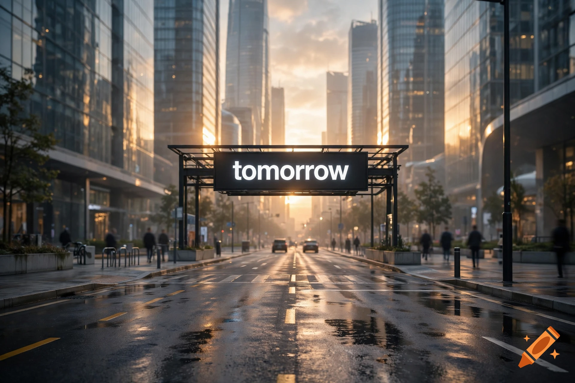 Photorealistic cityscape of a wet street with modern skyscrapers and an illuminated sign reading "tomorrow" at sunset.