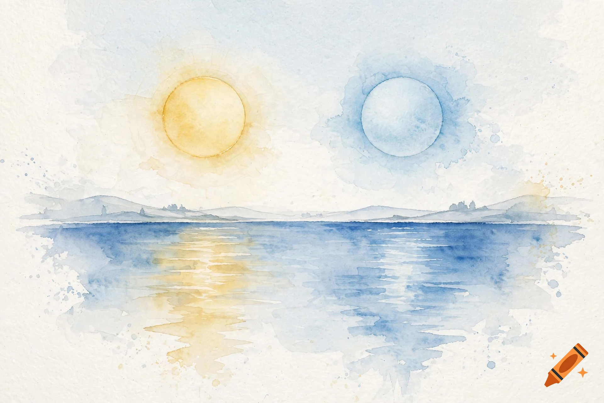 Minimalist watercolor landscape with two suns, one yellow and one blue, reflecting over calm water.