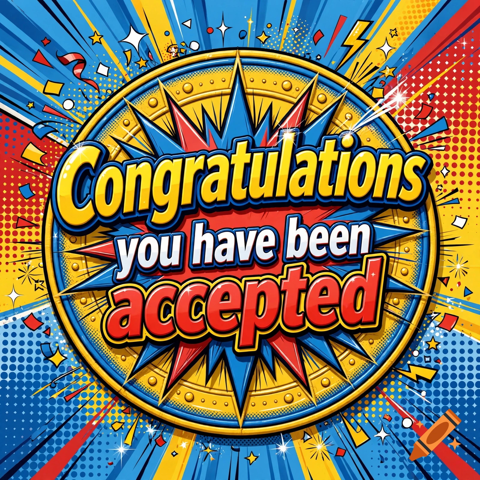 A colorful pop art design with the text 'Congratulations you have been accepted' surrounded by comic book style graphics, stars, and abstract patterns.