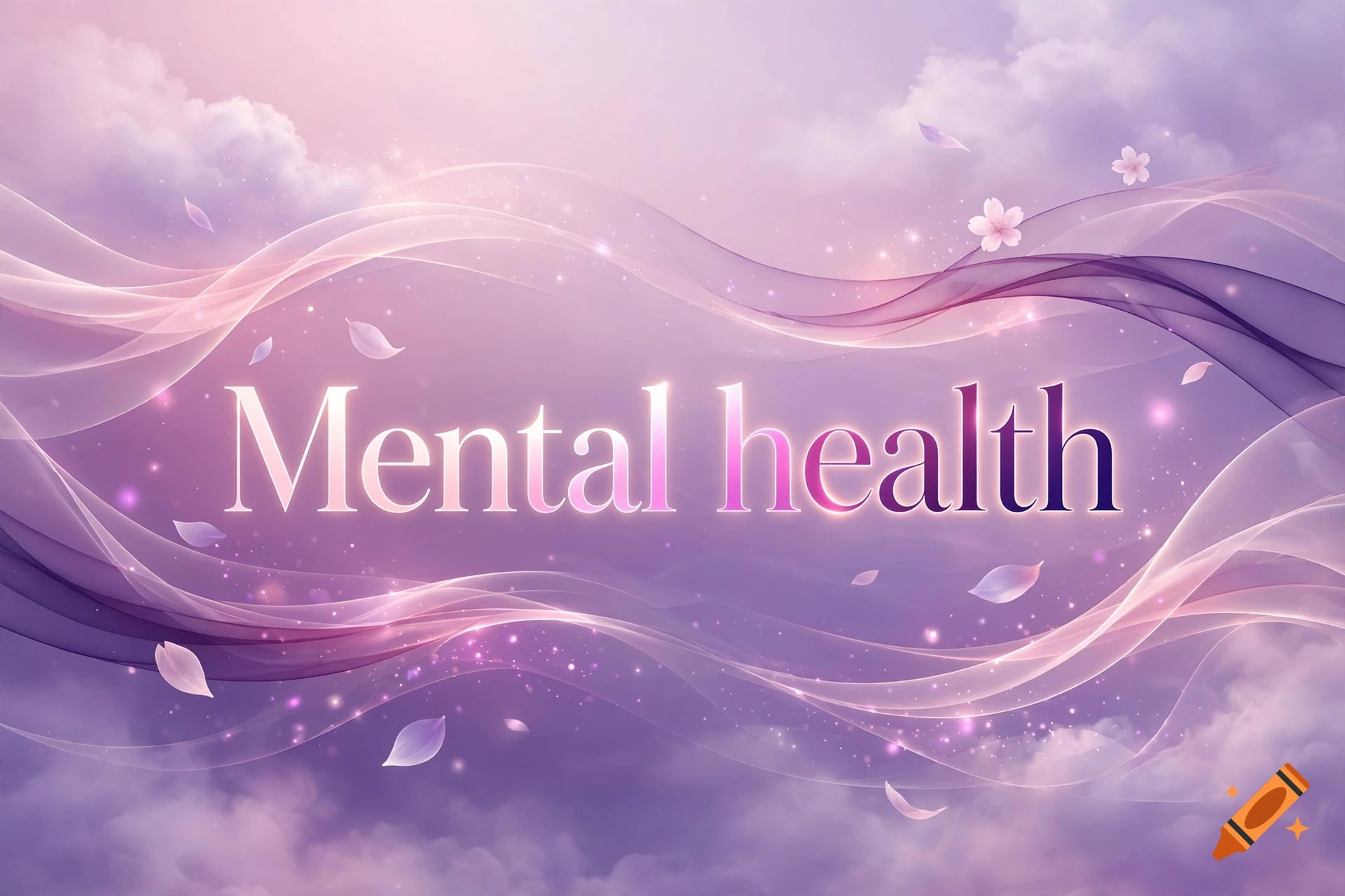 The words 'Mental health' in glowing pink typography centered on a dreamy purple and pink cloud and wave background.