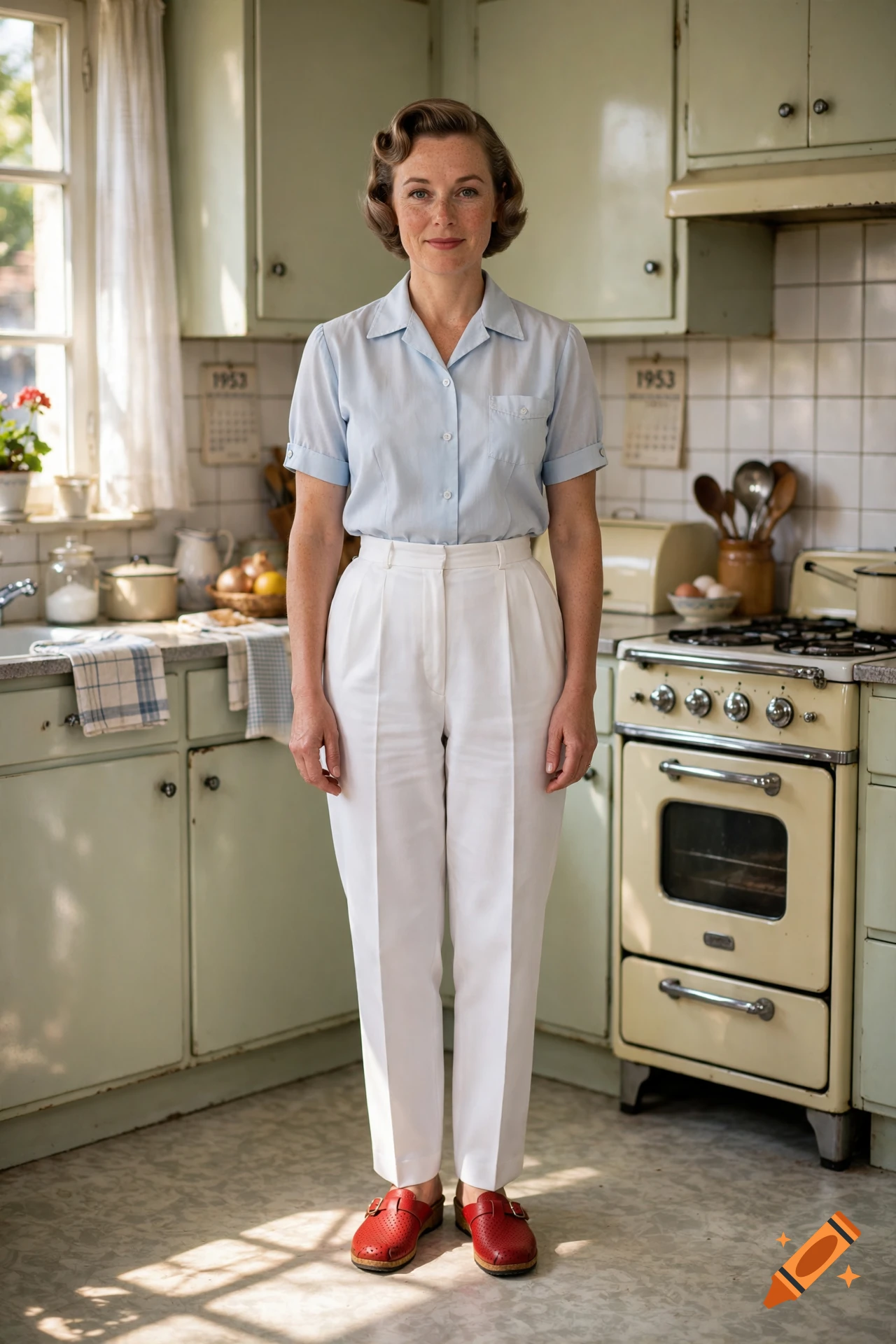 A woman stands centered in a vintage-style kitchen, wearing a light blue short-sleeve button-up shirt, white trousers, and red shoes.