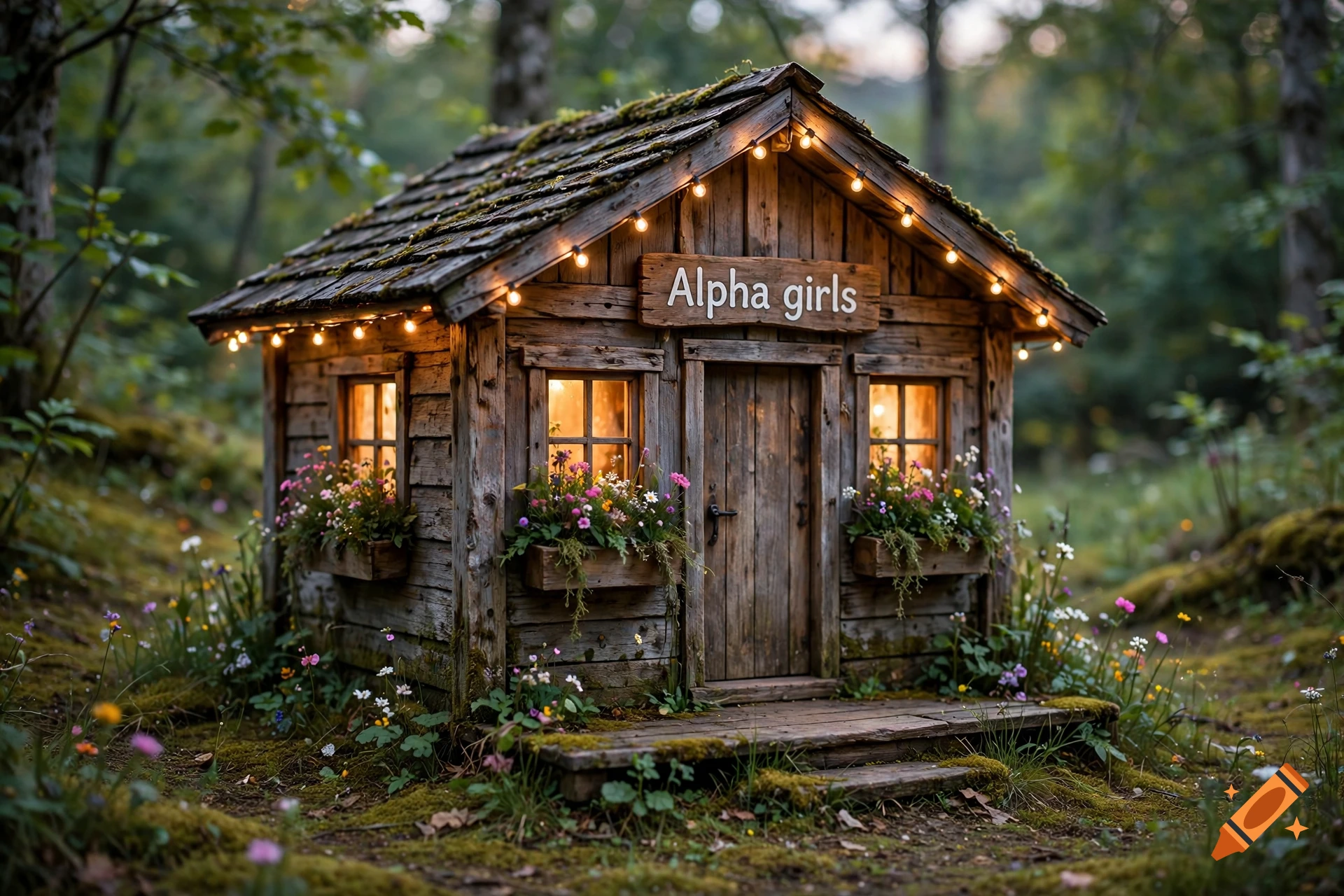 A miniature wooden cabin in a forest with string lights, flower boxes, and a sign reading Alpha girls, photorealistic style.